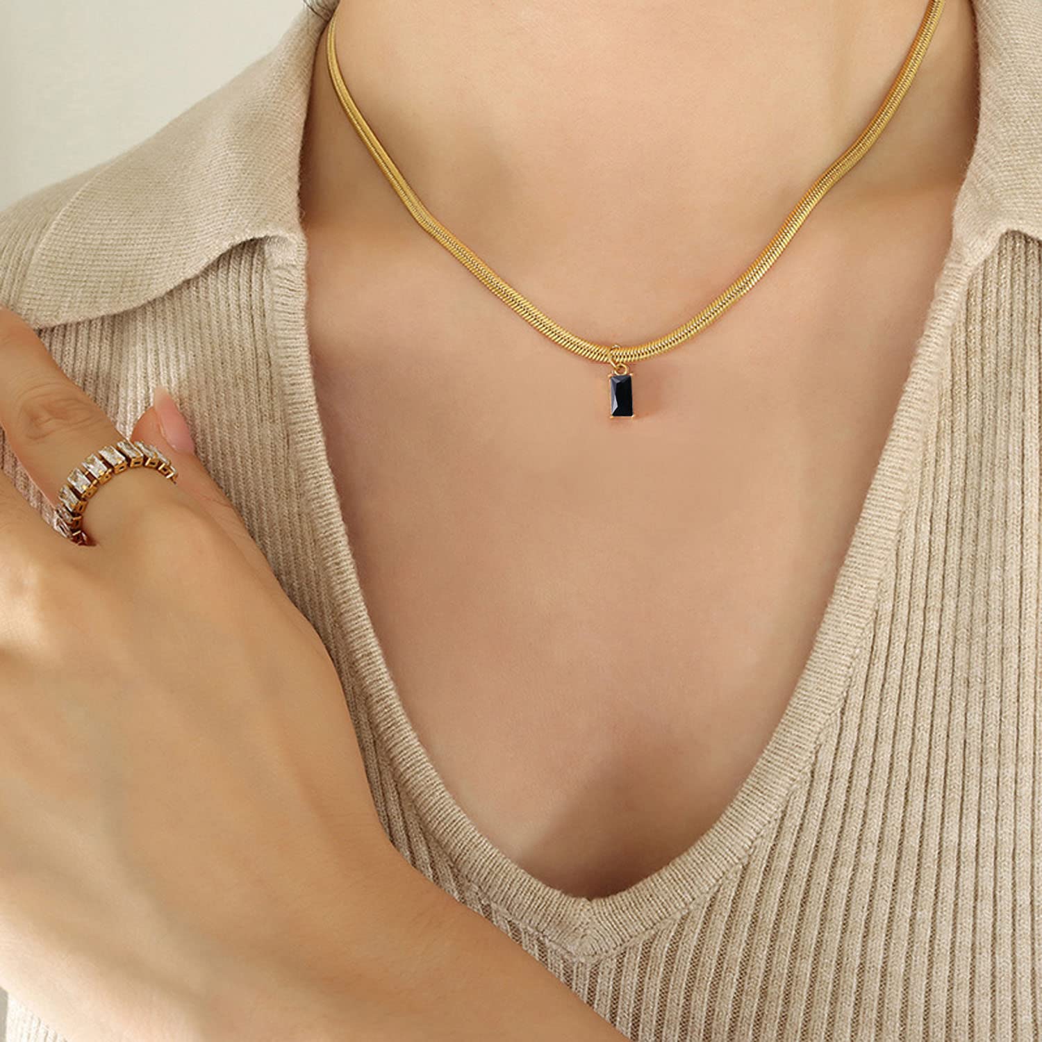 18k Gold gefüllt Vintage Choker S für Frauen wasserdichte Goldhalshänger Anti -Turner Edelstein -Zirkon -Rechteck -Anhänger