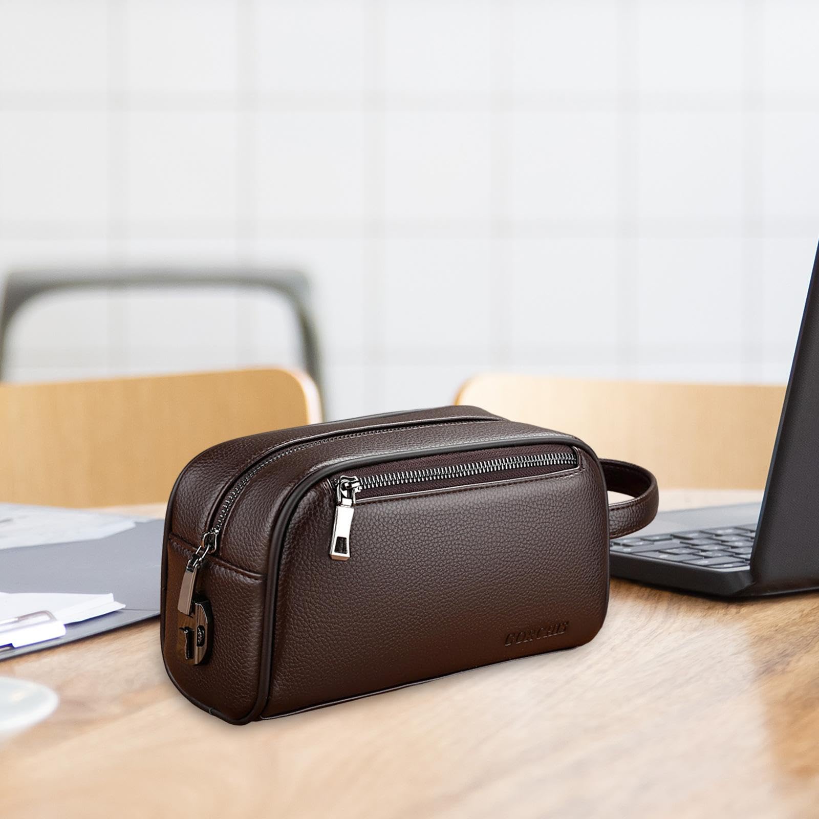 Borsa da polso per uomo Borsa con cerniera Borsa in pelle PU multi tasche Pochette da uomo casual, Marrone con serratura
