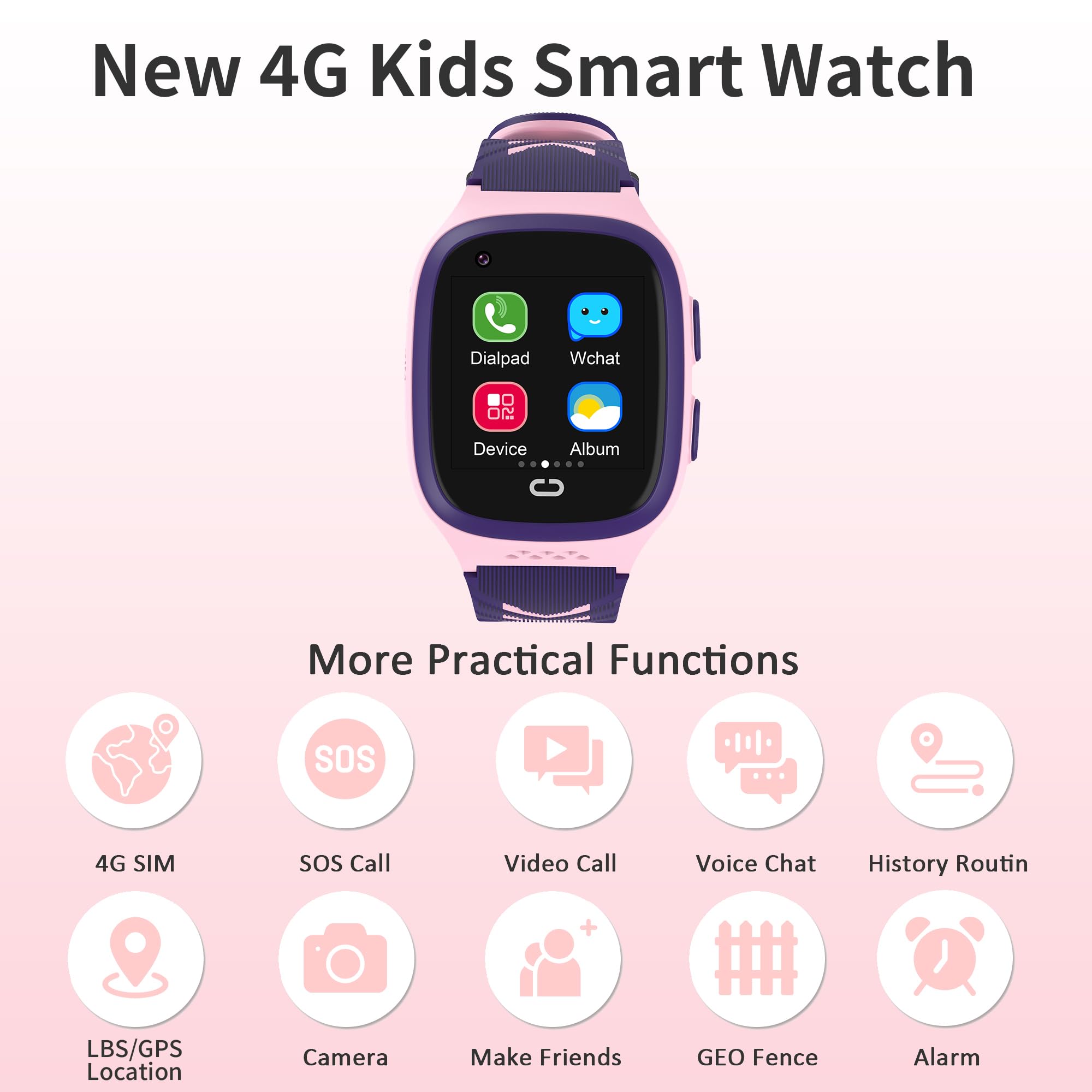 Kids Smart Watches Girls with GPS Tracker & Video Calling 4G Kids Cell Phone Watch Age 5-12, Waterproof One-Key SOS Call Voice Chat HD Camera Alarm Clock Touch Screen GPS Tracker for Kids Gifts(Pink)