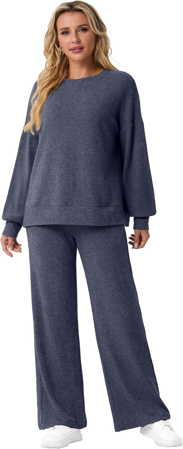 GRECERELLE Women's 2 Piece Outfits Winter 2025 Oversized Chunky Knit Sweater Top And Wide Leg Pants Lounge Set Sweatsuit - Image 6