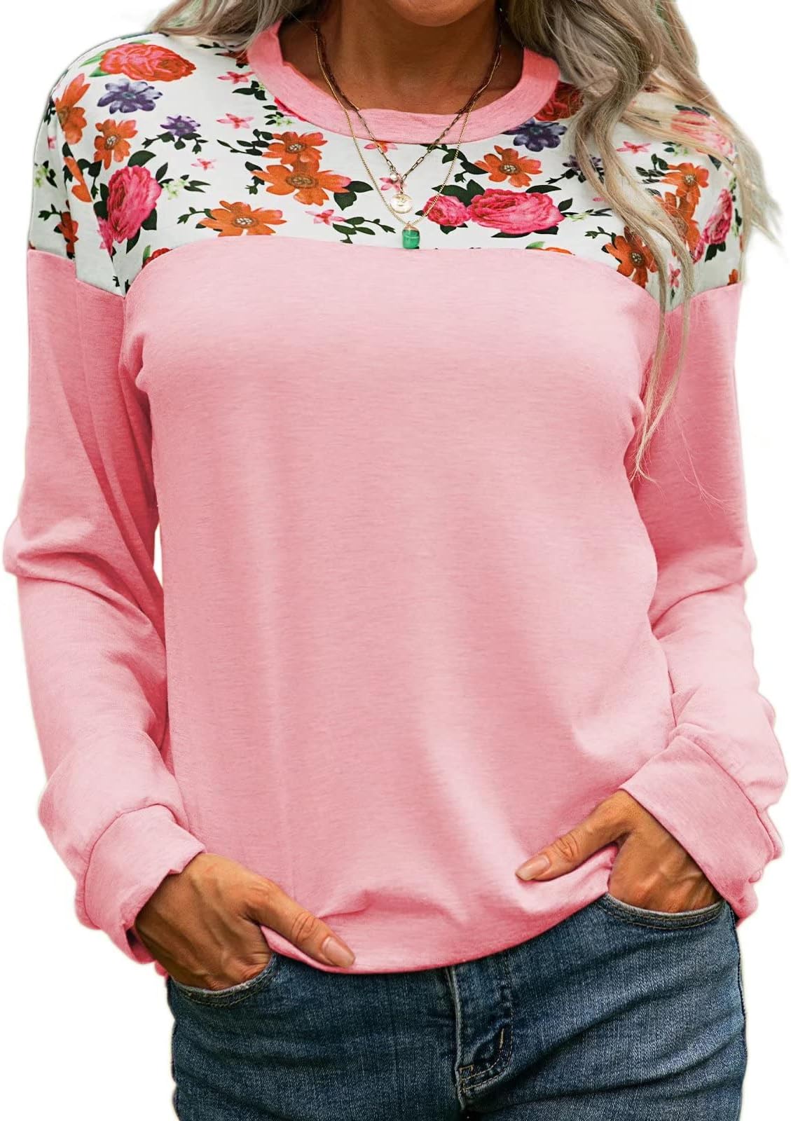 Women's Floral Shirts Long Sleeve Solid Color Sweatshirt Casual Ribbed Cuffs Tunic Tops