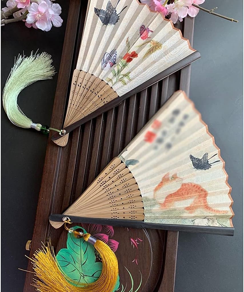 Folding Fan Women's Handheld Silk Fan Bamboo Frame Bamboo Frame Women's Hand Folding Fan Home Ceremonial Decorative Fan (Color : E) (E)