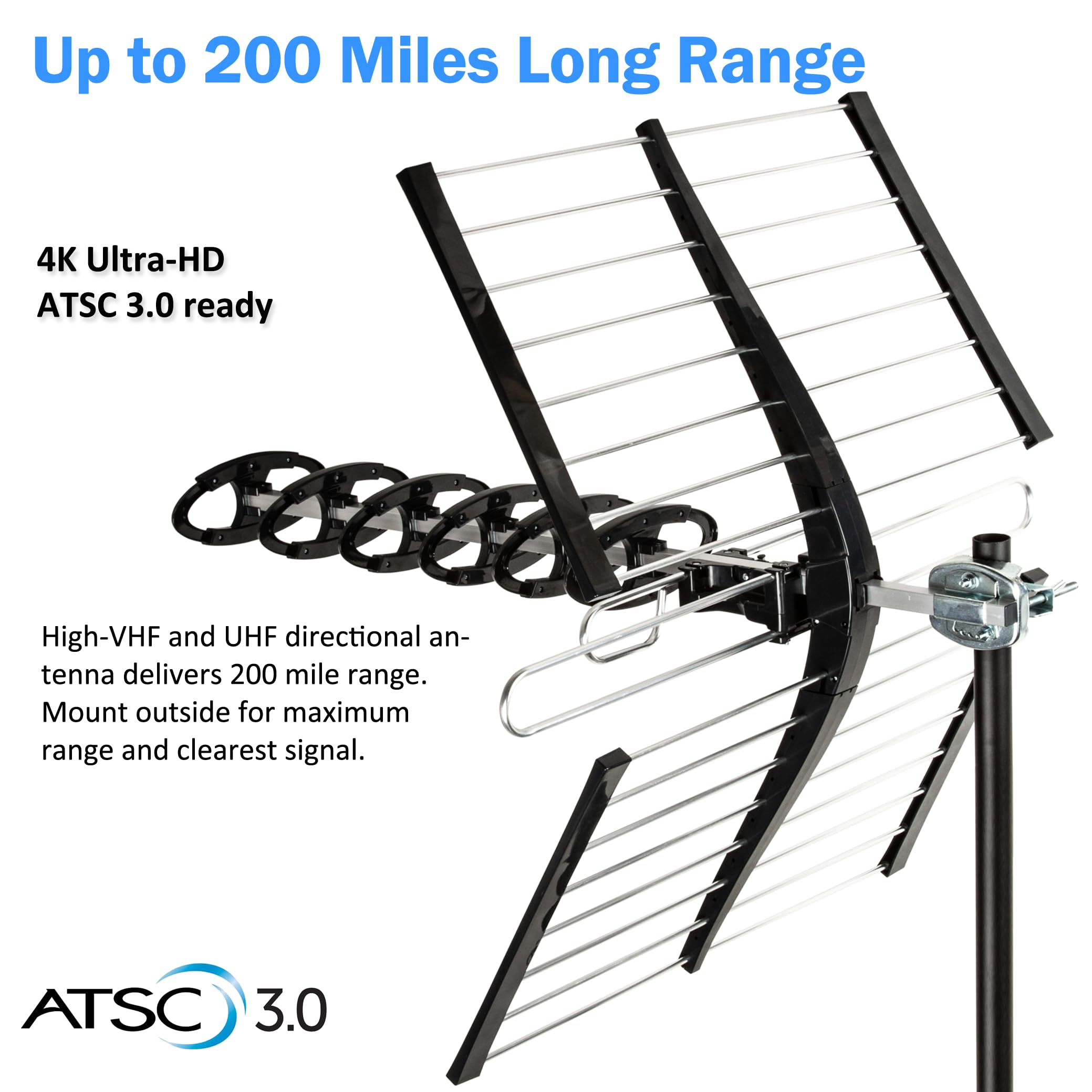 Five Star Antena para exteriores HDTV VHF UHF UHF de alto rendimiento de 200 millas de largo alcance con soporte de poste de montaje de 27 pulgadas ATSC 3.0 y 4K