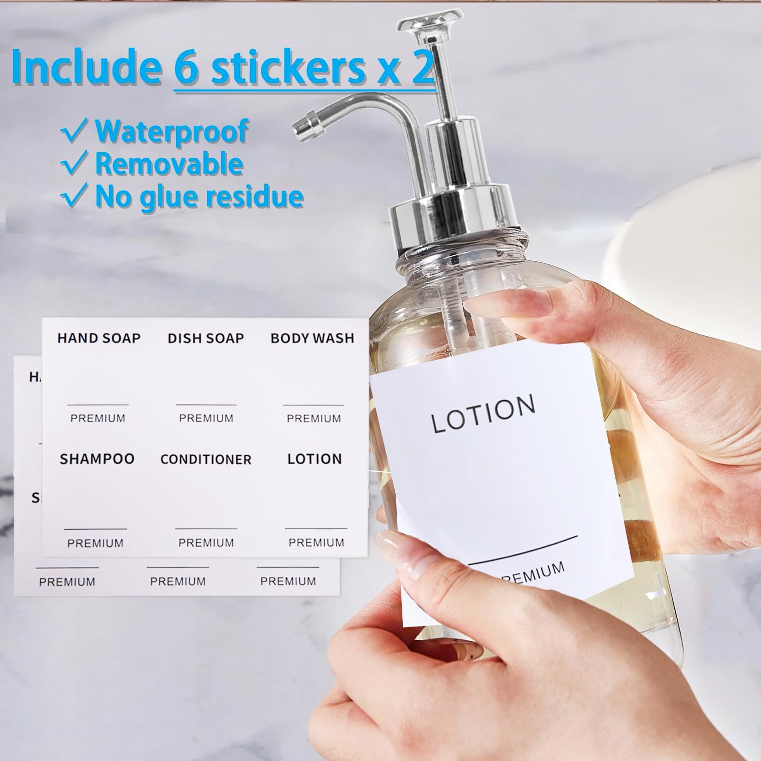 Dish Soap Dispenser for Kitchen, Hand Glass Soap Dispenser Set with Pump, Tray, Funnel for Bathroom, Shower, Laundry, Liquid, Lotion (Silver 2 Pack 18 Oz Clear Bottles with 12 Stickers) - Image 5