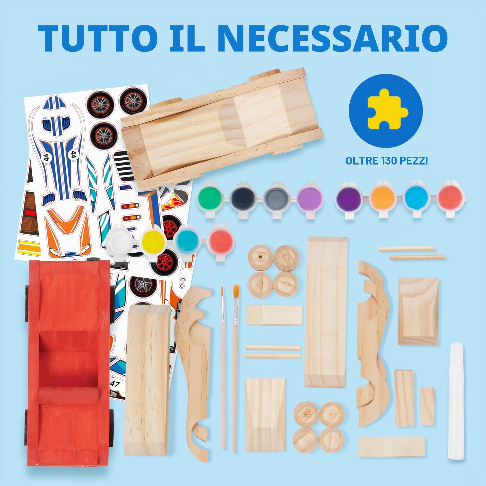 Klever Kits 4 Kit Fai-da-Te per Costruire e Dipingere le Tue Auto da Corsa in Legno, 4 Giocattoli Auto da Corsa, Kit di Arti e Mestieri Facile da Assemblare, Regali per Feste di Compleanno per Bambini