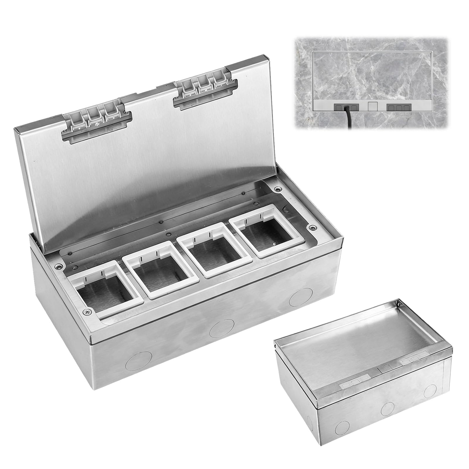 Enchufe de Suelo para Depósito de Suelo de Acero Inoxidable, 4000W/16A Caja de Enchufes Empotrable en el Suelo Impermeable, Insertos Opcionales para Equipar, 4 Compartimentos, 250 * 130mm