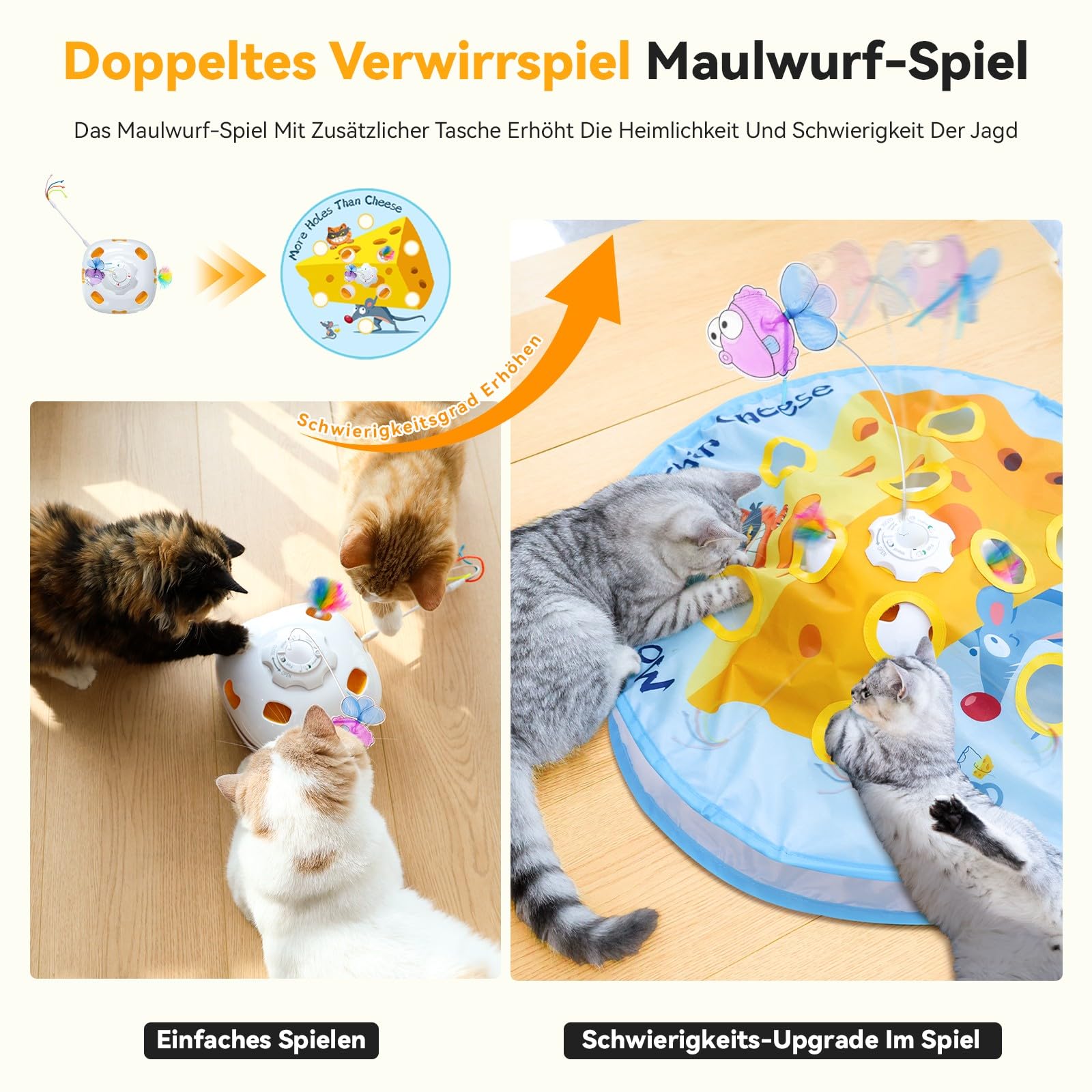 GoldenSun Katzenspielzeug, 5-in-1 Interaktives Katzenspielzeug für Wohnungskatzen, Automatisches Klopfspiel, Fliegender Fisch, Katzenangel und Bewegliche Feder