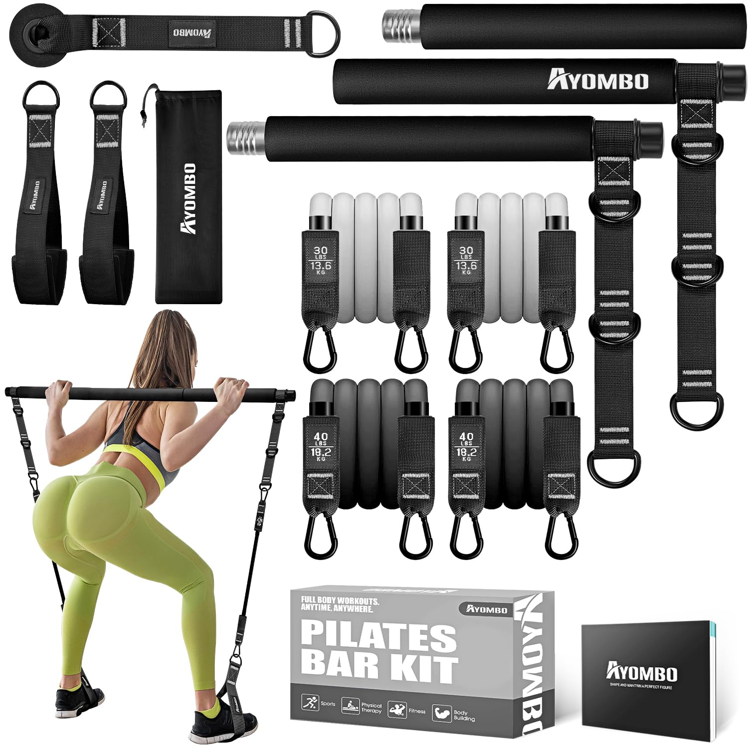 Equipo de pilates, kit de barra de pilates con bandas de resistencia para mujeres, equipo de entrenamiento en casa para piernas, cadera, cintura, brazo, equipo de ejercicio de sentadillas para