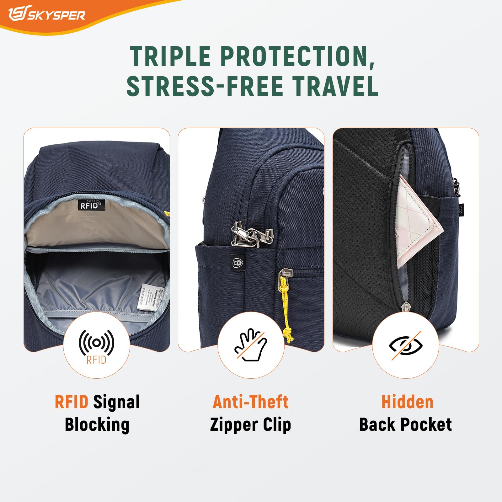 SKYSPER Torba na ramię RFID antykradzieżowa torba crossbody, z recyklingu, podróżna, torba na ramię, plecak na ramię