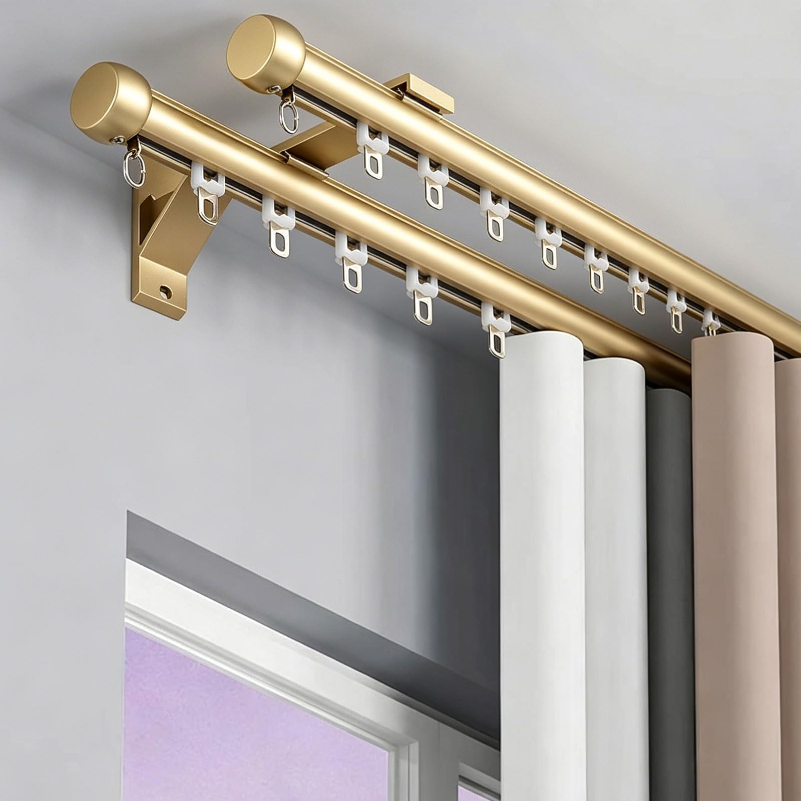 Double Curtain Track Rod, Wall Mount Heavy-Duty Aluminum Double Track Curtain Rail with Silent Rollers Aluminum Brackets for Bedroom Living Room Kitchen Office(Gold,1.3m/4.3ft)