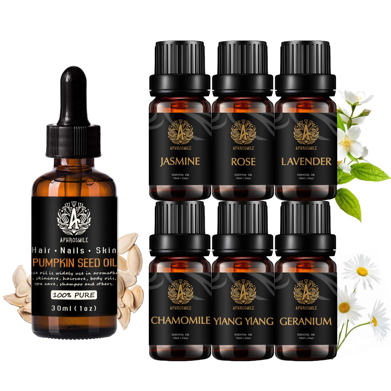 Aromaterapia jazmín aceite esencial set con aceite portador para masaje, 100% puro semilla de calabaza Aceite esencial,7x10ml 100% puros rosa aceites set-lavanda,geranio,ylang ylang,manzanilla aceites