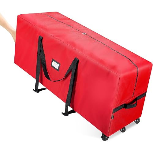 BALEINE 9 ft Rolling Christmas Tree Storage Bag, 3 Swivel Wheels for Easy Moving, Heavy Duty 600D Oxford Fabric Extra Large Artificial Christmas Tree Bag with Reinforced Carry Handles (Red)