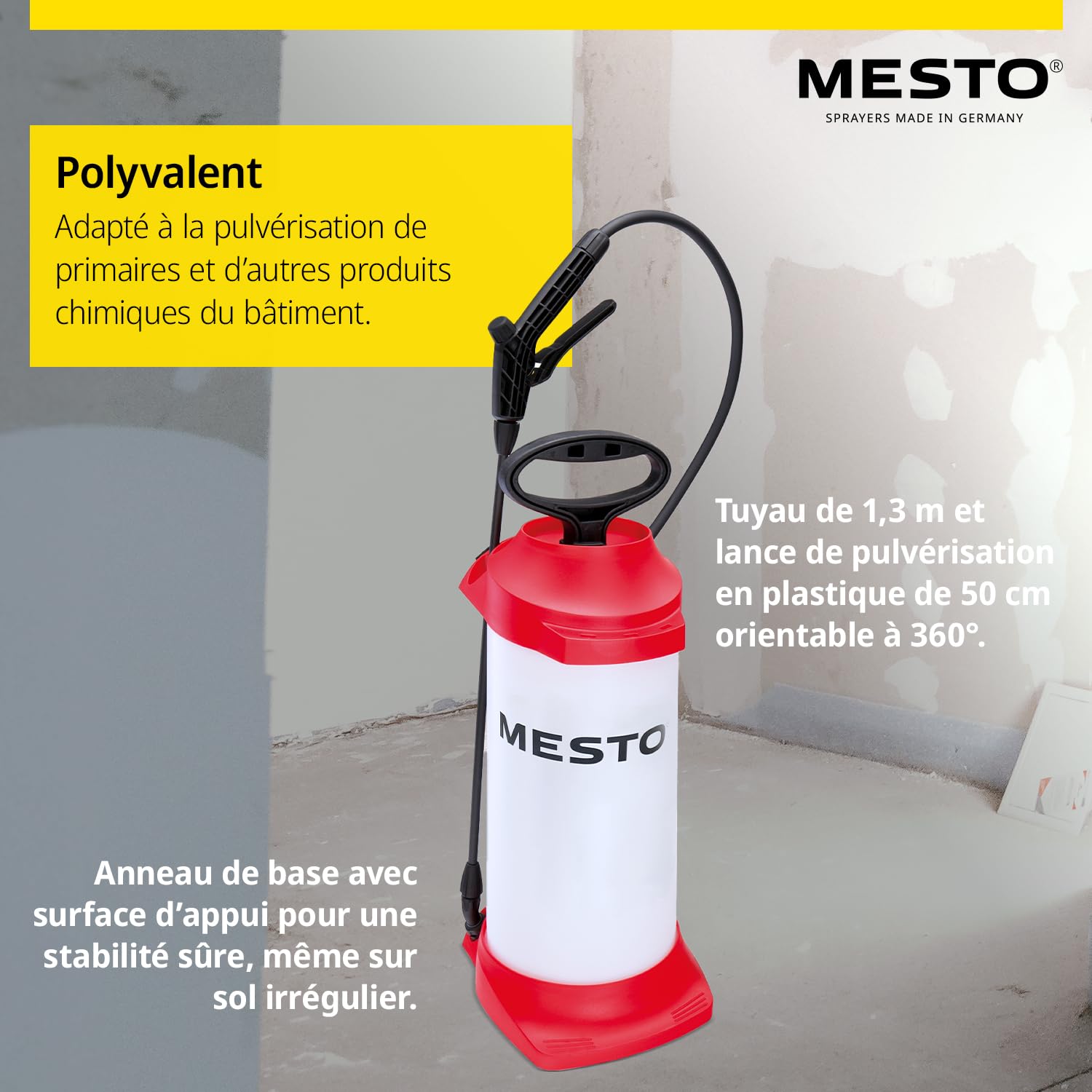 MESTO Primer Pulvérisateur à Pression 5 L avec Tube de rallonge 45 cm | Pulverisateur Manuel pour Produits Chimiques | Pulverisateur a Pression 3 Bar pour Chantier, bâtiment et Nettoyage