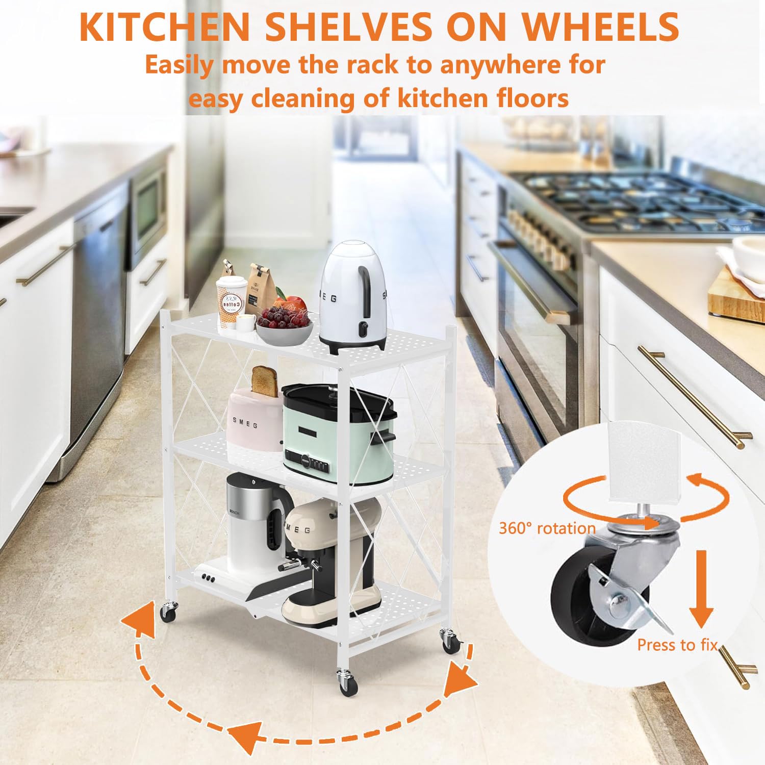 devesanter Scaffale pieghevole con ruote, 3 livelli, pieghevole, da cucina, in piedi, non richiede installazione, per cucina, dispensa, ufficio (bianco)