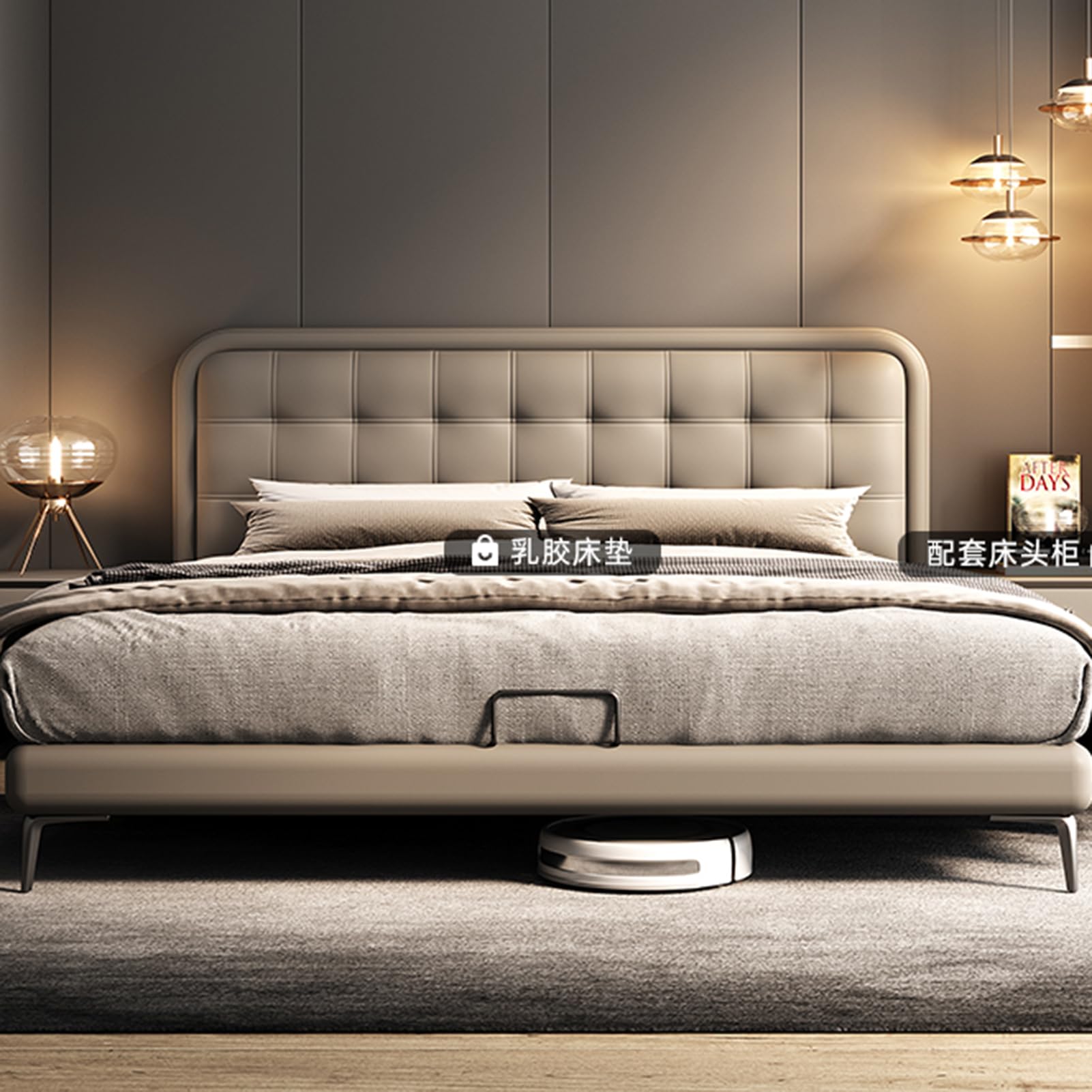 King Size Genuine Leather Wood Bed Upholstered Platform Bed Frame with Wingback Headboard and Storage Drawers Strong Wooden