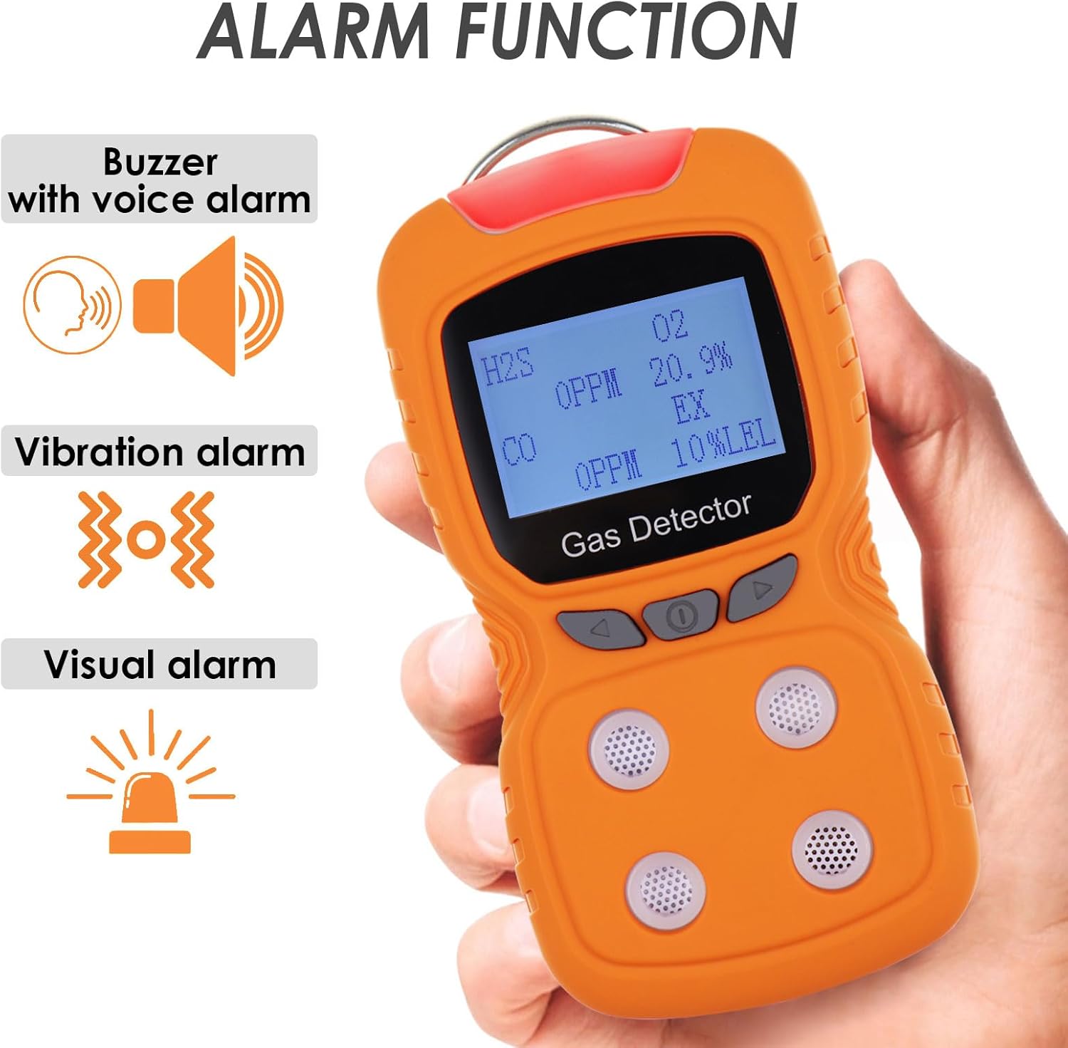 4 in 1 Gas Detector CO H2S O2 EX Gas Monitor with Clip on Carbon Monoxide Hydrogen Sulfide Detector Combustible Gas Oxygen Monitor Multi Gas Detector with Visual Vibration and Audible Alarm