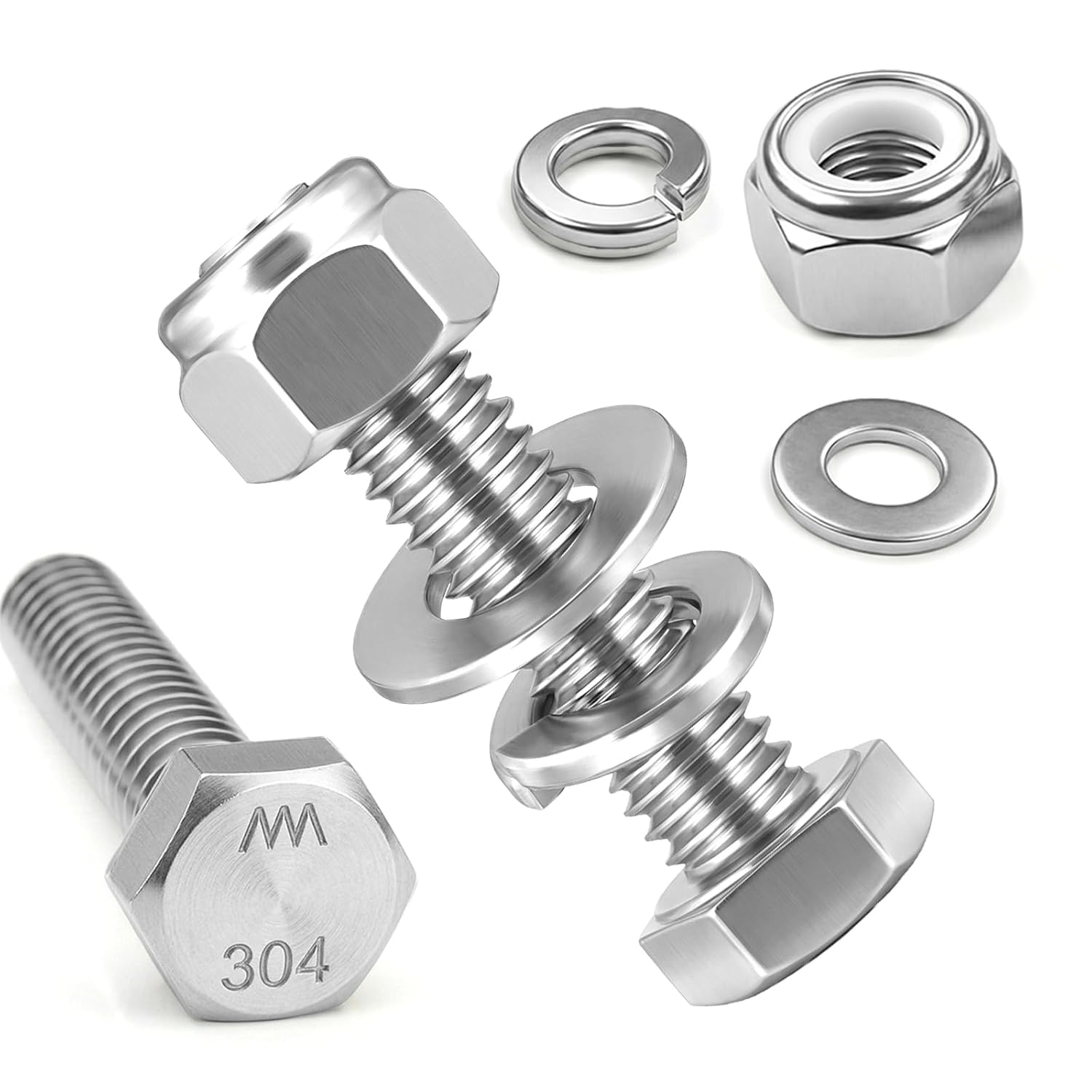 1/4-20 x 1 Hex Bolts & Nylon Lock Nuts,30 Sets (Total 120Pcs) 304 Stainless Steel SAE Heavy Duty Bolts with Flat & Lock Washers Kit, Ideal for Vibration Resistant and Stable Applications