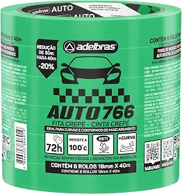 Fita Crepe Automotiva, Adelbras, 766, 18 mm x 40 m, Verde, Pacote com 6