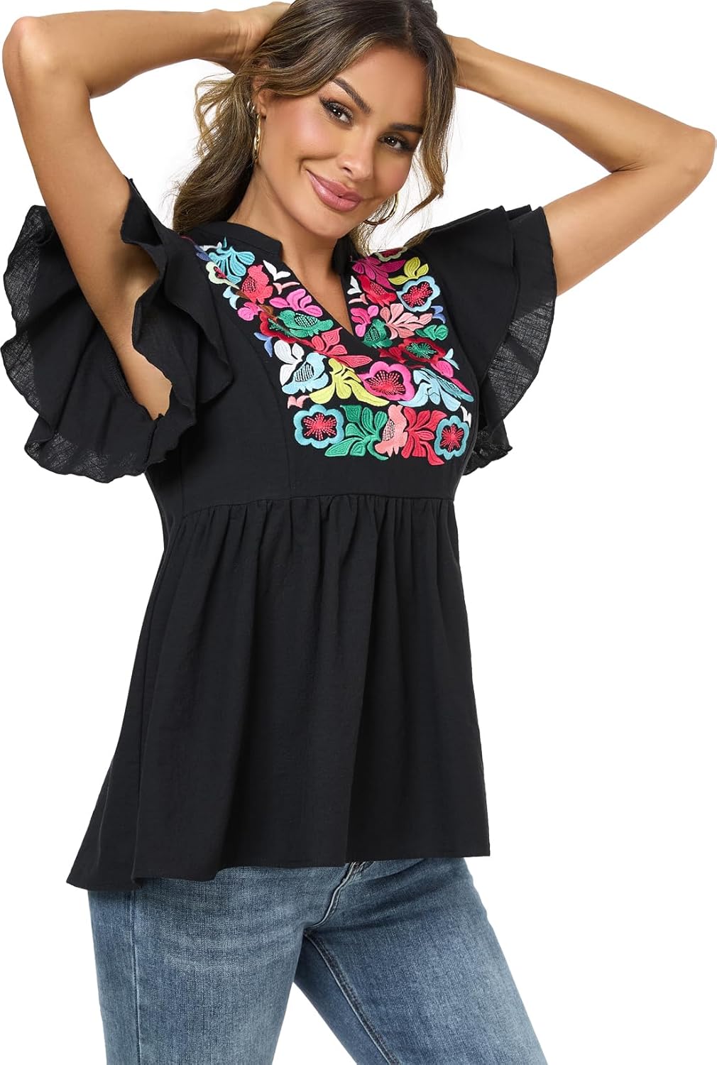Women's Embroidered Floral Tops Peasant Blouses V Neck Ruffle Cap Sleeve Boho Summer Tops - Image 6