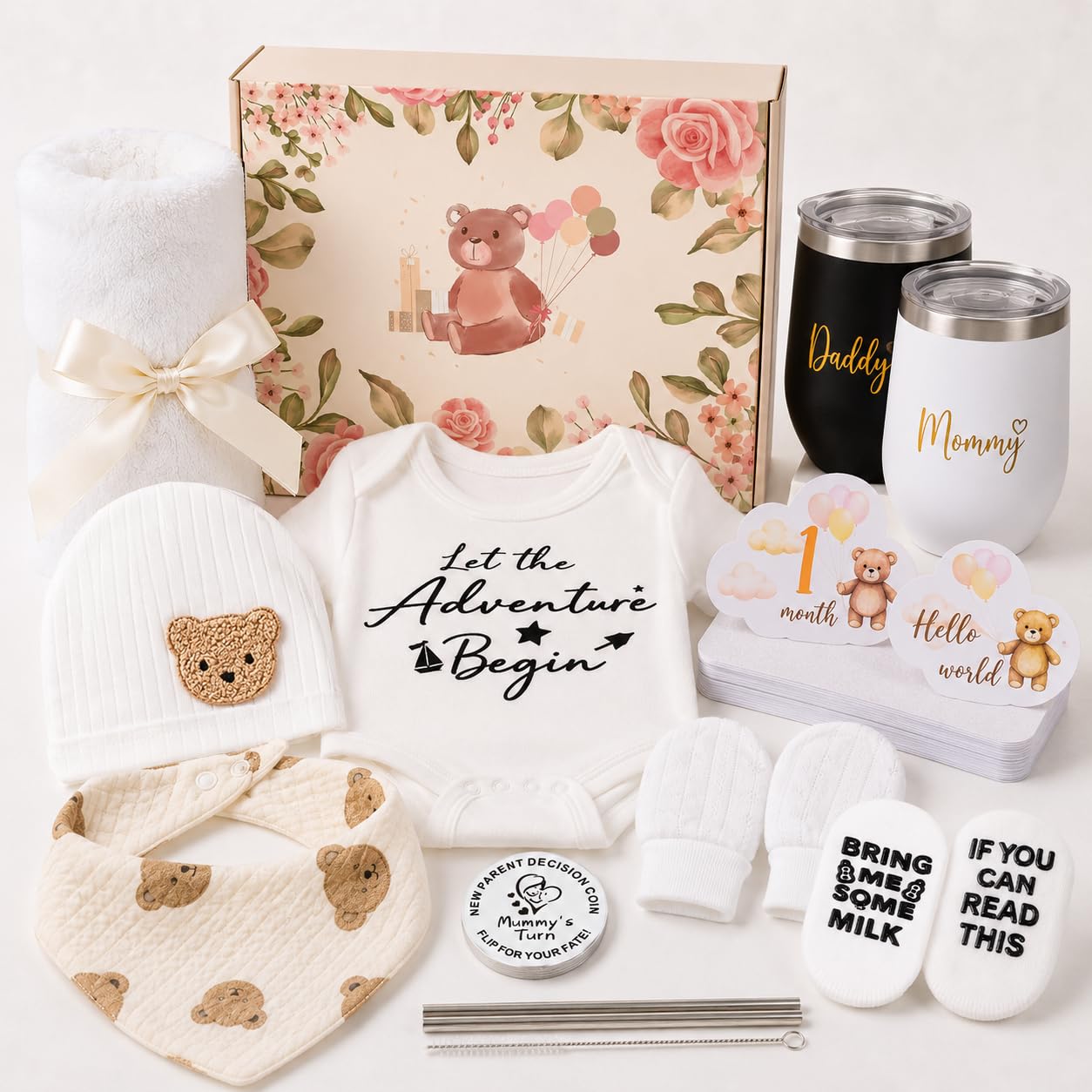 Regalo Bebé, 11 Piezas Regalo para Recién Nacido Niño Niña, Regalos para Bebés con 2 Tazas Body Manta Gorro Calcetines Babero Guantes Moneda de Decisión