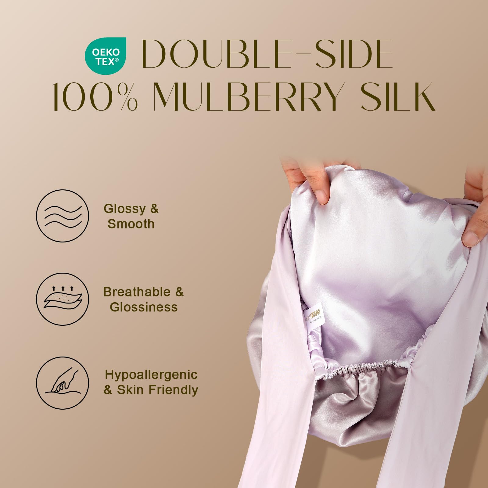 ZIMASILK 100% Mulberry Silk Bonnet for Sleeping Shower Caps Women Long Hair Double Layer Silk Hair Wrap with Elastic & Tie Band Cooling Hair Caps for Hair Care Stay On Head (1Pc - Image 2