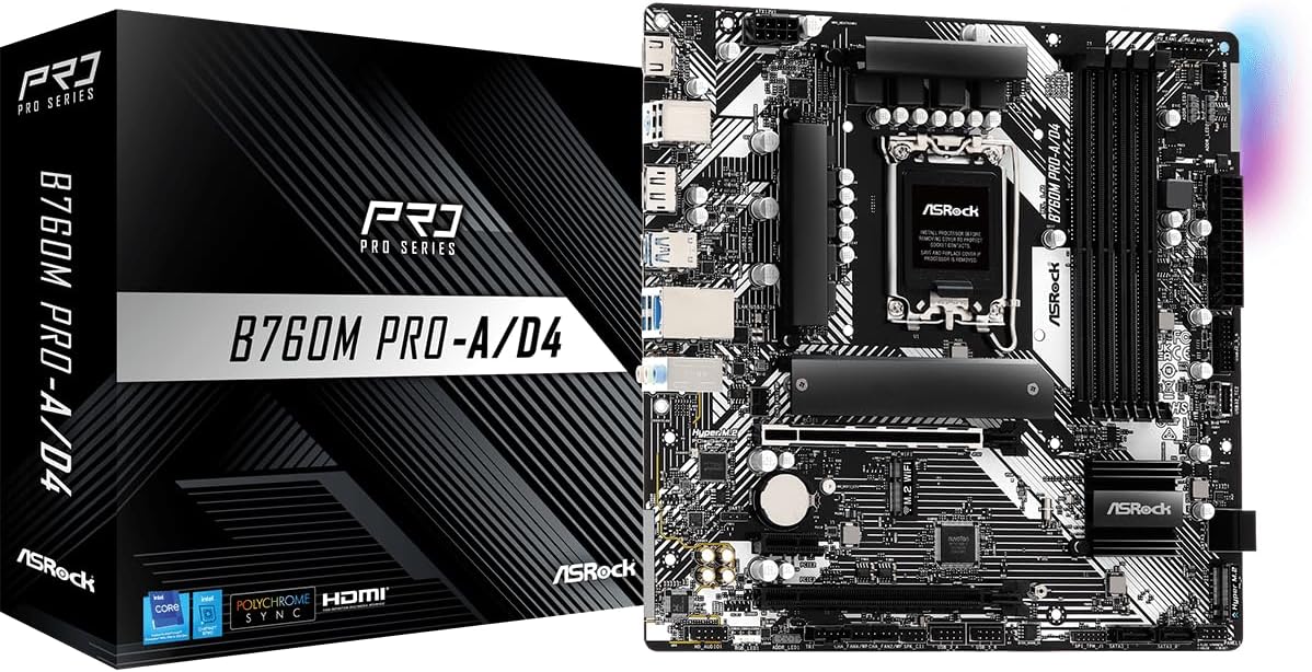B760M Pro-A D4 Micro ATX Motherboard, Intel 14th/13th/12th Gen, 7+1+1 Dr.MOS, DDR4 5333+ (OC), PCIe 4.0, 2.5G LAN, Dual M.2