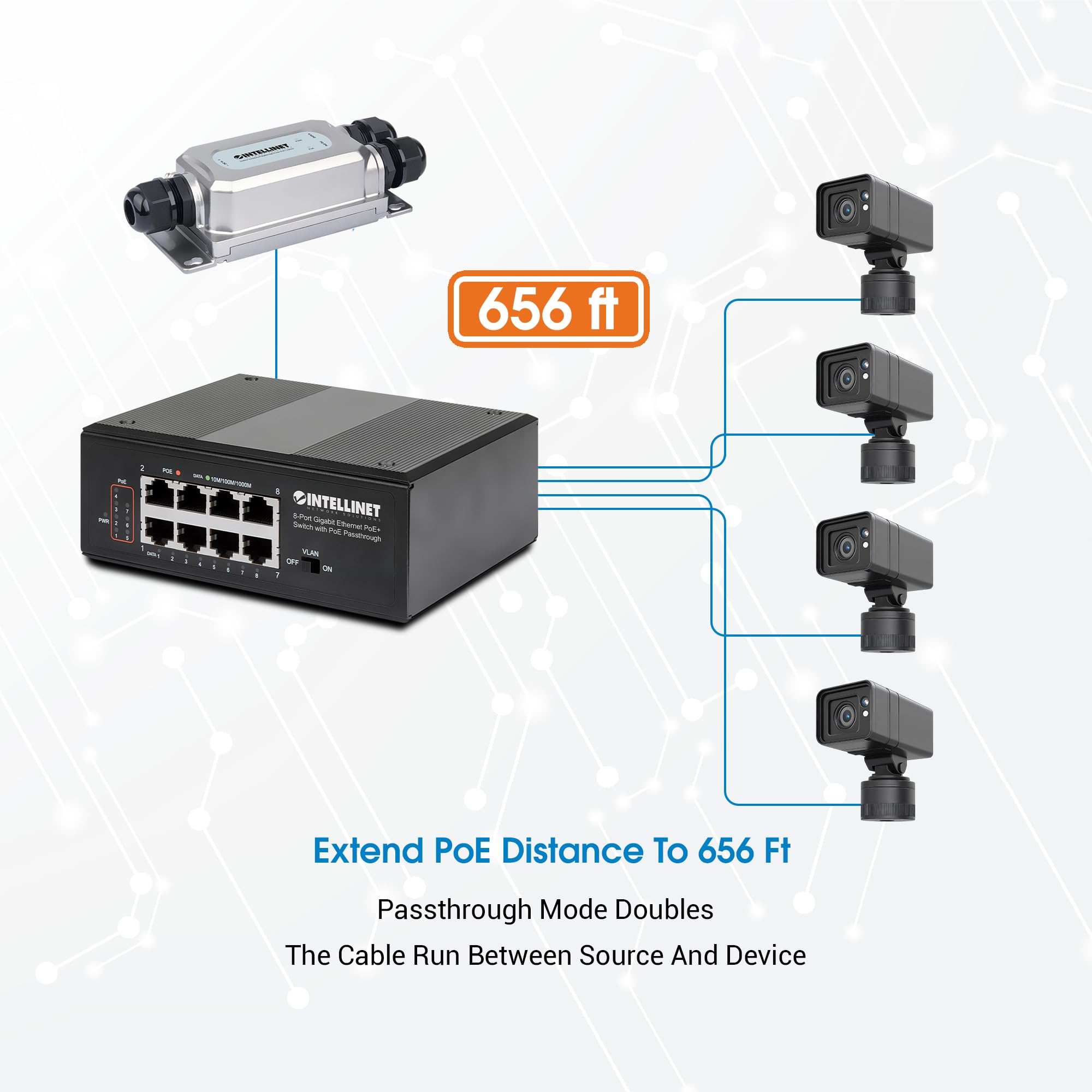 Switch Industriale Poe+ Gigabit Ethernet A 8 Porte Con Alimentazione Poe Intellinet Con Passthrough Poe - Switch - Non Gestito - 8 X 10/100/1000 (poe