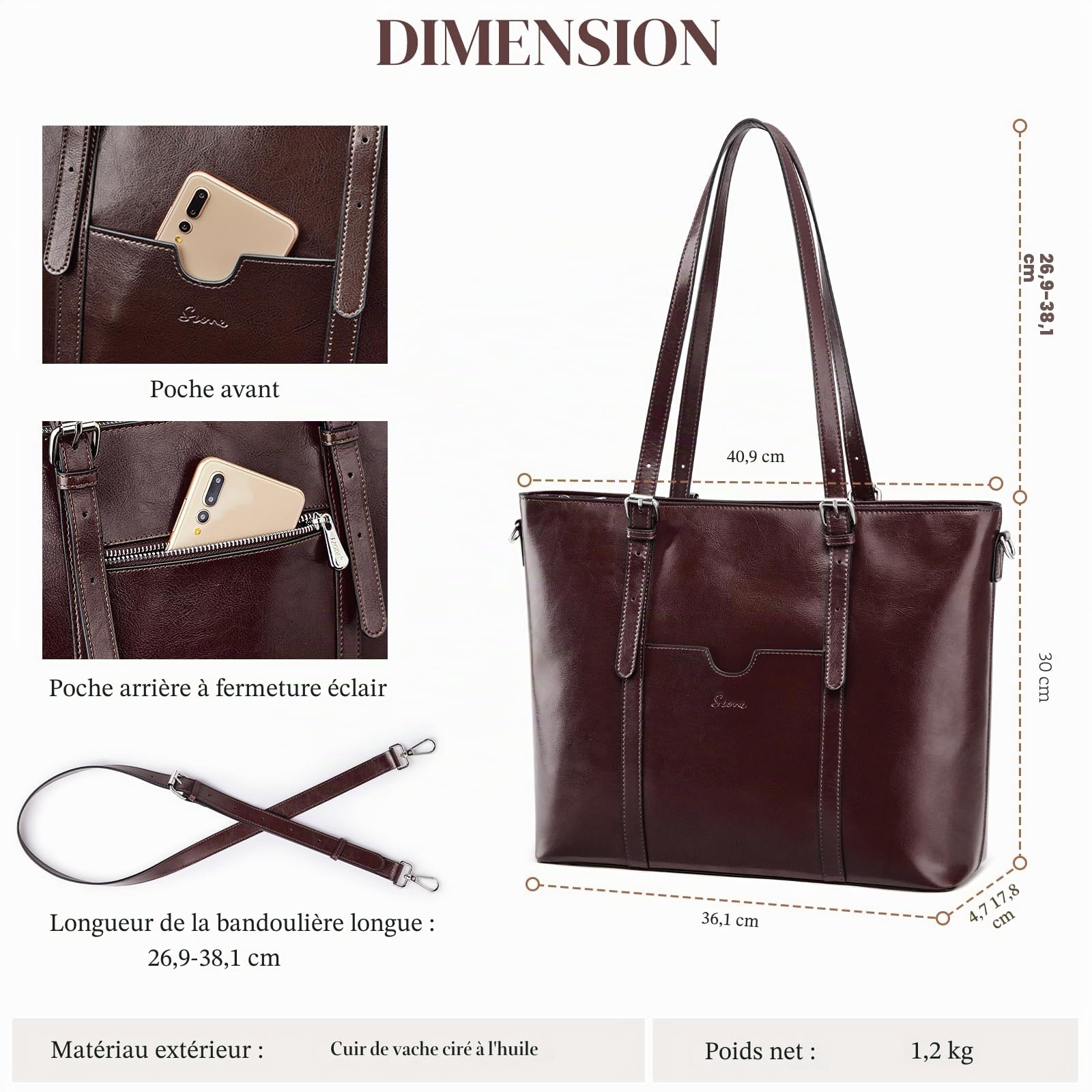 S-ZONE Femmes En Cuir VéRitable Ordinateur Portable Sac Fourre-Tout Bureau éPaule Sacs à Main Porte-Documents 15.6 Pouces Ordinateur Travail Sac à Main