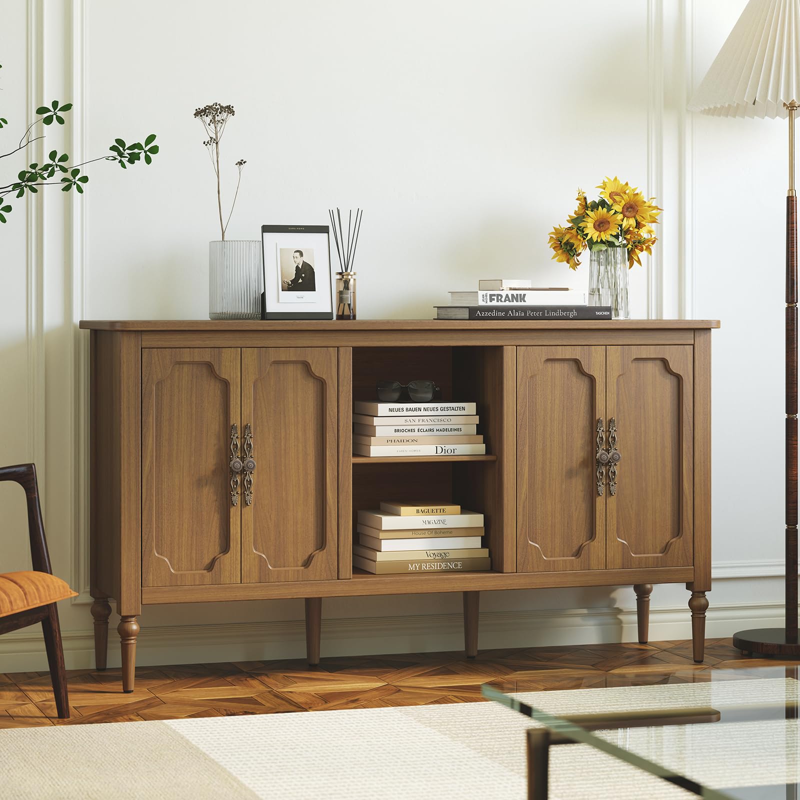 HOLTICO Kommode mit 4 Türen und Offenes Schrank, Vintage Akzent Sideboard Buffet Schrank Holz, Braun Kommoden & Sideboards für Wohnzimmer, Esszimmer, Küche