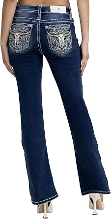 Miss Me Womens Lasso Steer Embellished Pockets Mid-Rise Bootcut Jeans