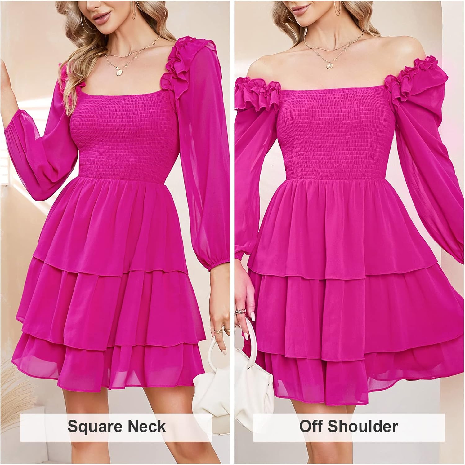 Byinns Women's Smocked Ruffle Mini Dress Square Neck Long Sleeve Party Dress Cute Cottagecore Wedding Guest Dress 2026 Trendy - Image 5