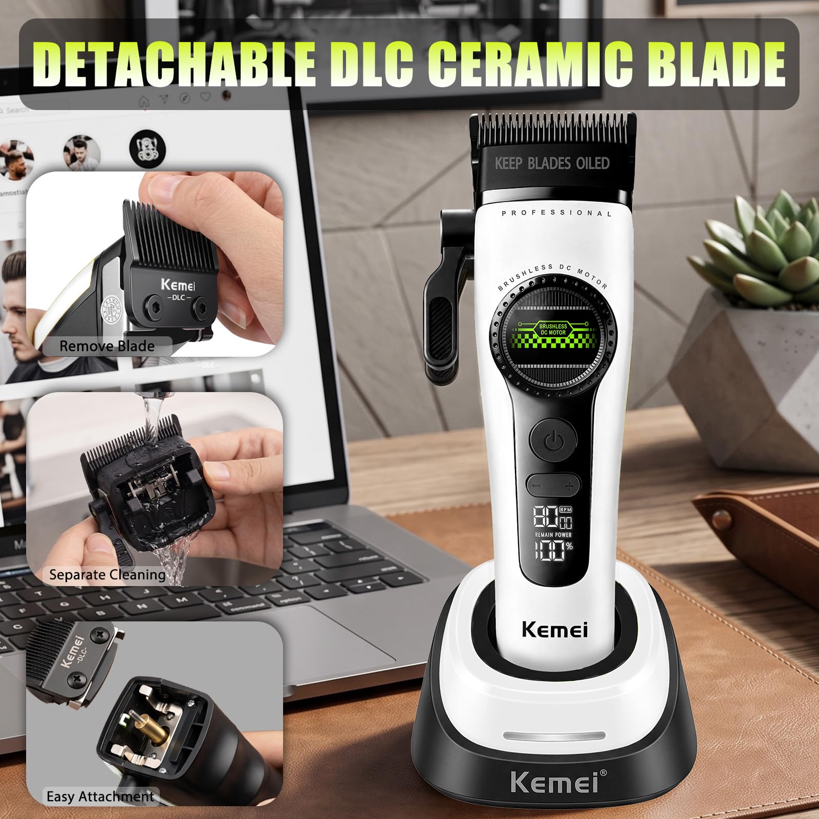 KEMEI 1593 Cortapelos Hombre Inalámbrico, Máquina Cortar Pelo Profesional | Motor Sin Escobillas,5 Velocidades,Doble Carga USB-C y Base,Cuchilla DLC-Cerámica-Perfecto para Autocorte y Regalo(Blanco)