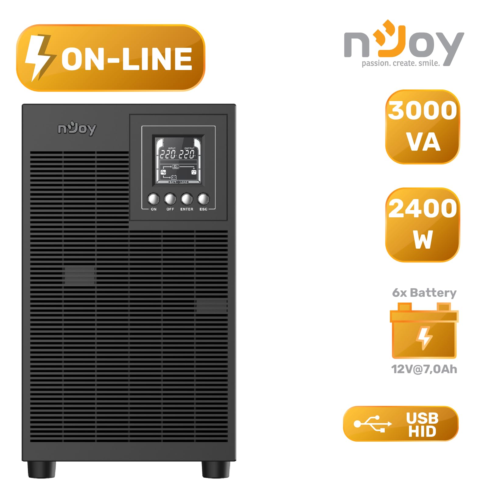 NJOY Echo Pro 3000 Gruppo di Continuità UPS Tower 3000VA 2400 Watt Doppia Conversione OnLine Onda Sinusoidale Pura, 4 Uscite Schuko, USB, RS232, EPO, Slot SNMP, 6 Batterie 12V-7Ah