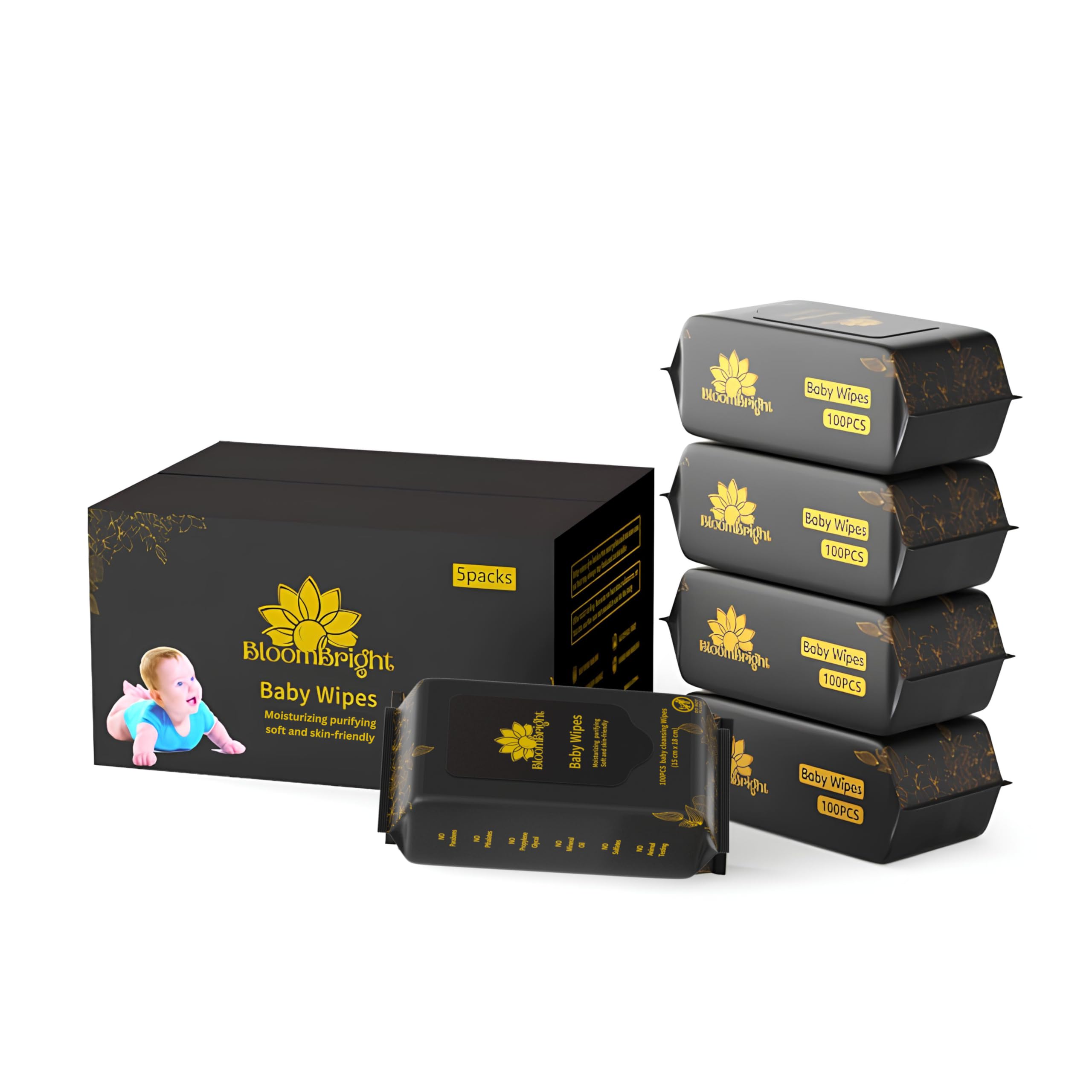 BloomBright Unscented Baby Wipes Hypoallergenic Soft Durable Safe for Sensitive Skin 500 Count 5 Packs Plastic Free Gentle Cleansing Ideal for Newborns