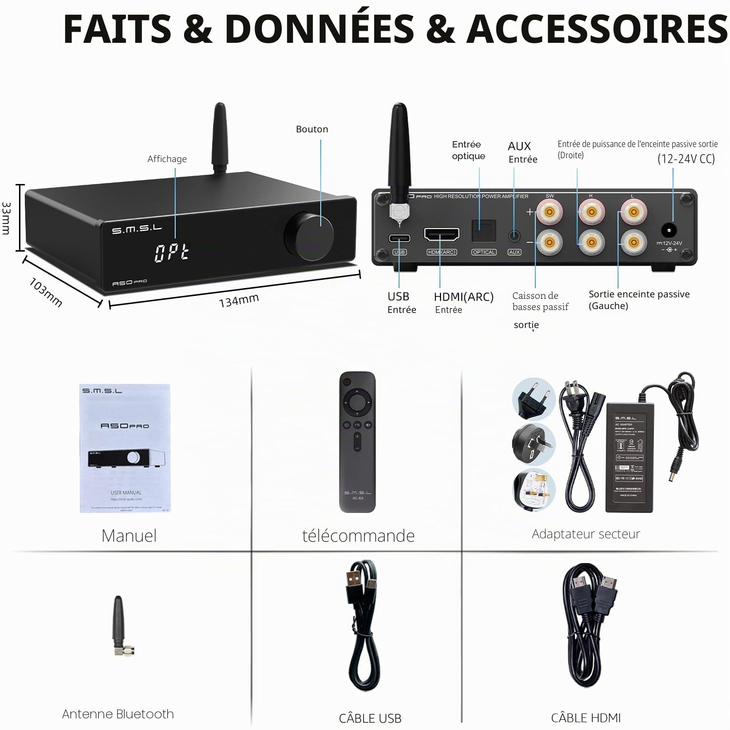 SMSL A50Pro Amplificateur LPF&HPF Amplificateur audio 2.1 Canaux 100W de puissance de sortie des basses Amplificateur audio stéréo HiFi Bluetooth 5.0 Support HDMI (ARC)Subwoofer passif Puce MA12070P*2
