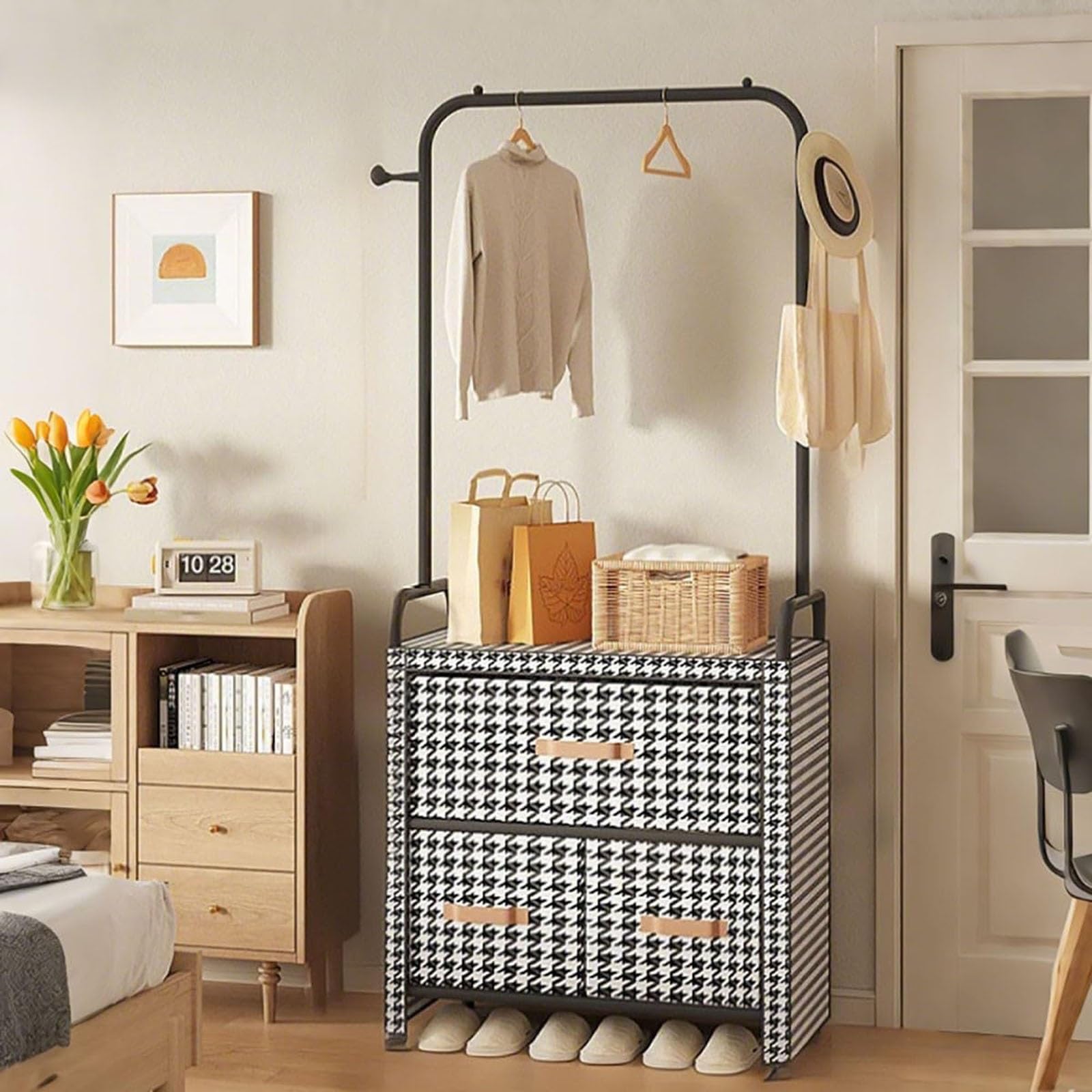 LWJSOCP Metal Coat Stand With Shoe Bench Storage Removable Hanger Hooks Hanging Rail Coat And Shoe Rack For Entryway Shoe Display Rack Unit For Hallway(Black and white3 Box)