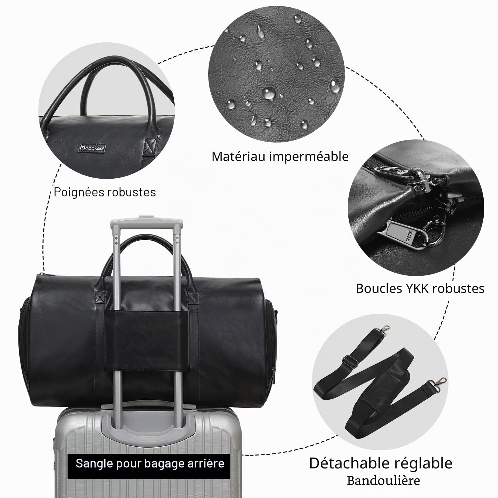 Modoker Sac à vêtements en cuir convertible, sacs à vêtements pour voyage, sac de voyage, Noir