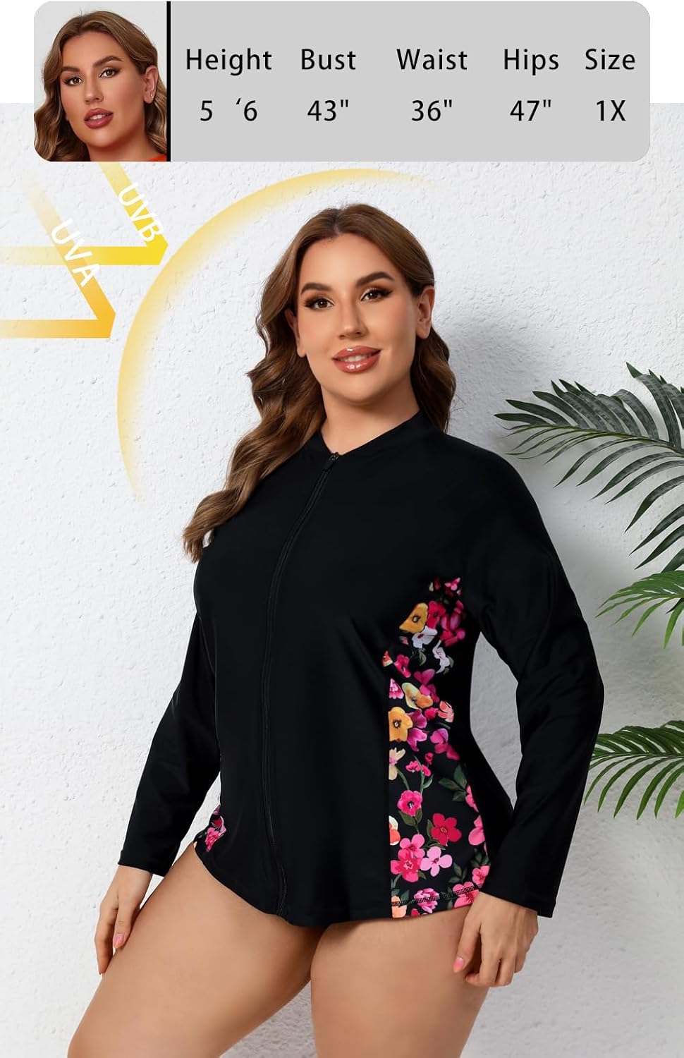 Halcurt Women's Plus Size Rash Guard Long Sleeve Swim Shirts Full Zip Swimsuit Top UPF50+ Loose Fit Bathing Suit