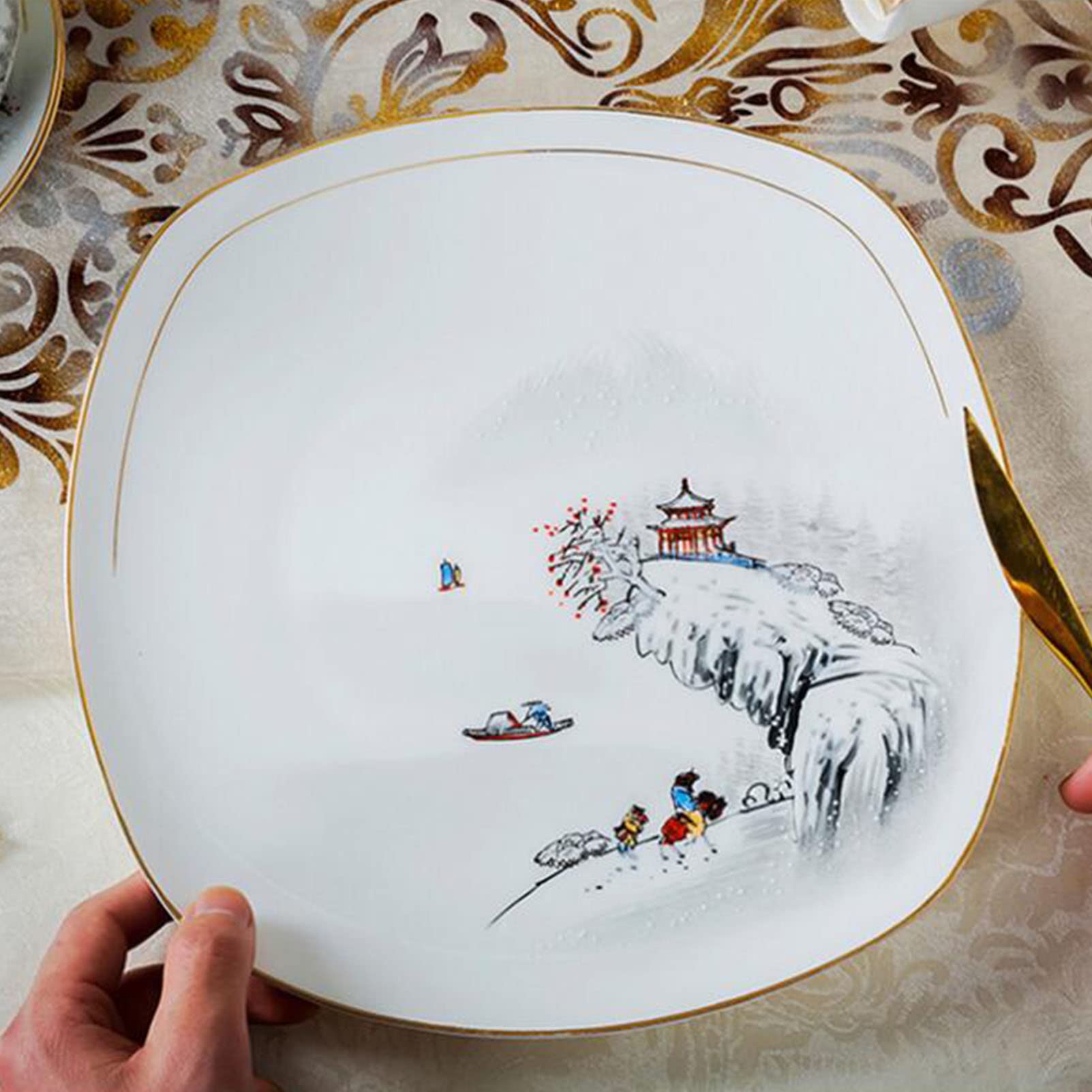 72-częściowe zestawy obiadowe Ręcznie malowane zestawy obiadowe Zestaw naczyń porcelanowych Snow Mountain, Zastawa stołowa z porcelany kostnej, Zestaw naczyń ze złotą obręczą