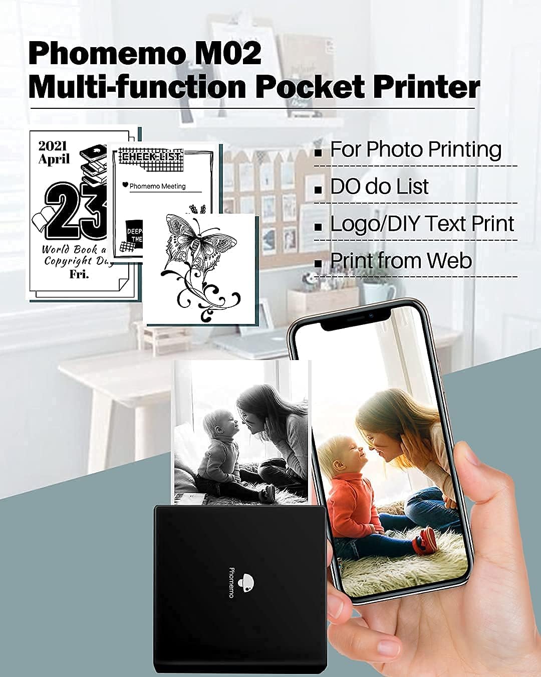 Phomemo M02 Black Pocket Printer with 6 Rolls Sticker Paper- for Work List, Study Notes, Photo Printing, Home Organization, Gift