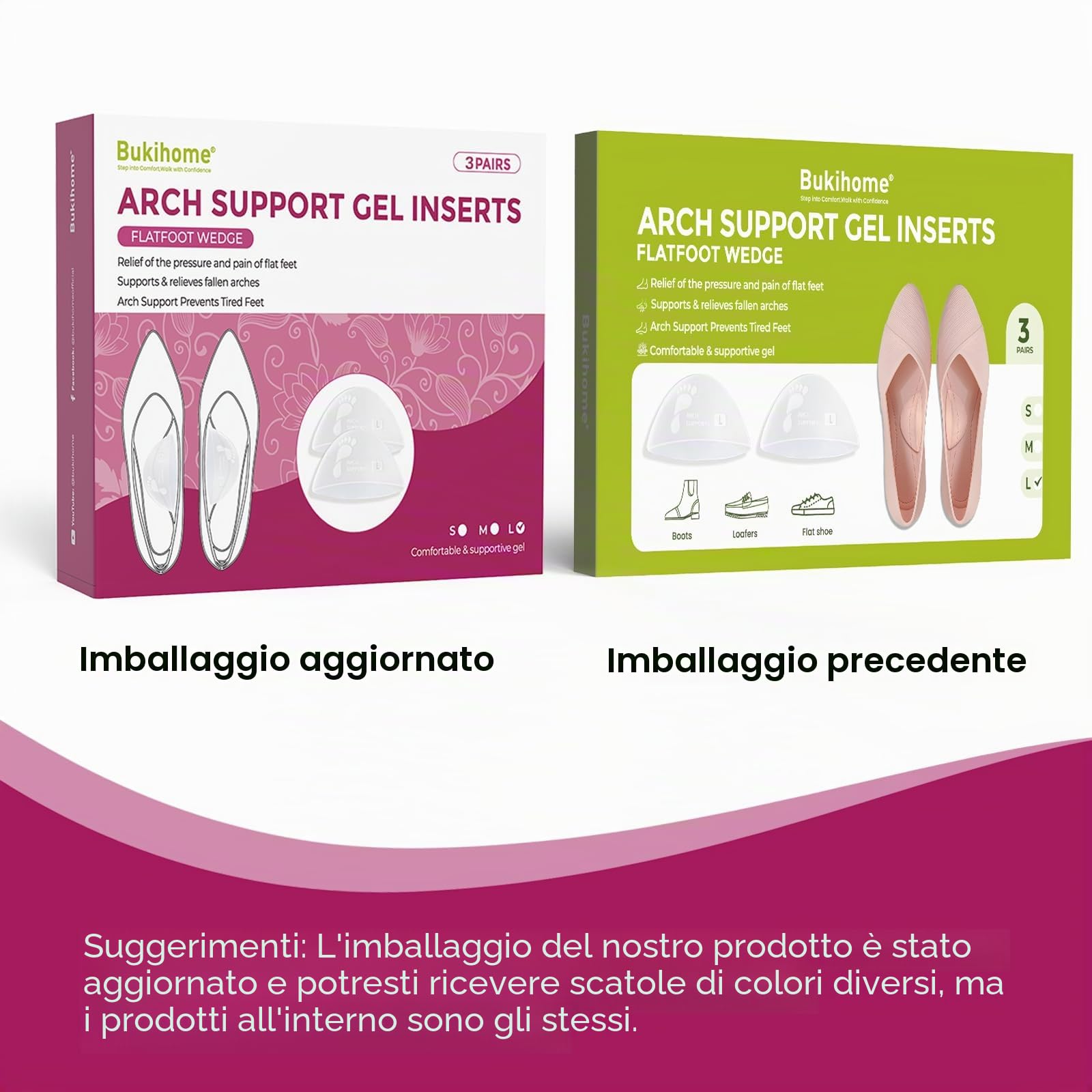 Bukihome Arch Support Inserts for Plantar Fasciitis - Anti Gravity Design - 3 Pairs Adhesive Gel Arch Pads for Women & Men - High Arch Support Insoles for Flat Feet,Relieve Pressure - Large