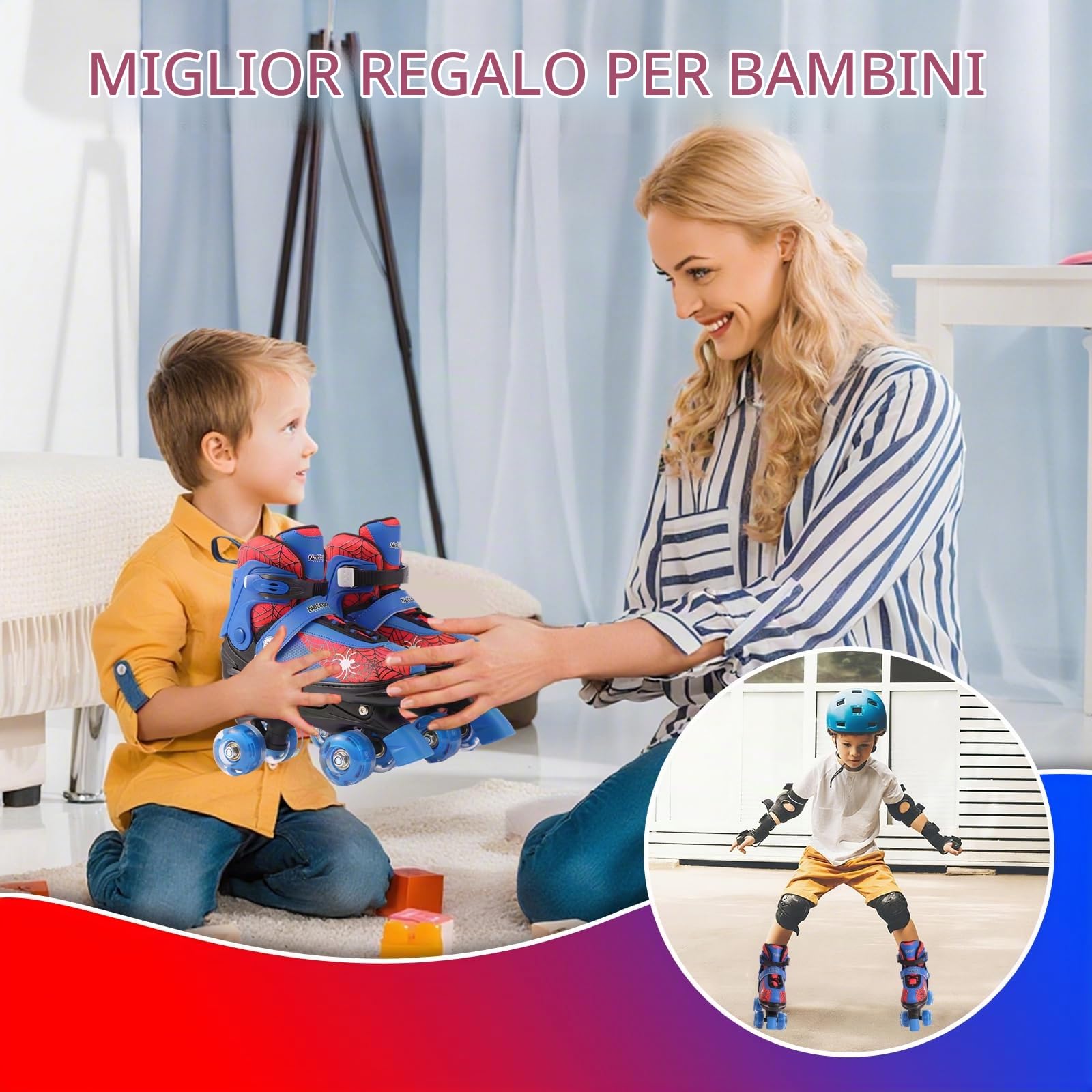 Nattork - Pattini a rotelle per bambini, 4 misure, regolabili, Quad Skates con ruote luminose, ottimo regalo di compleanno per bambini principianti, interni ed esterni