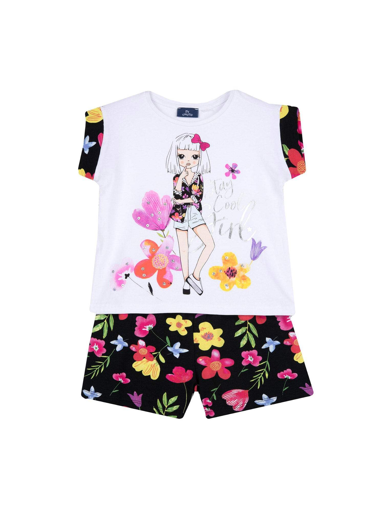 Chicco, Juego de camiseta y pantalones cortos con estampado floral de algodón, multicolor