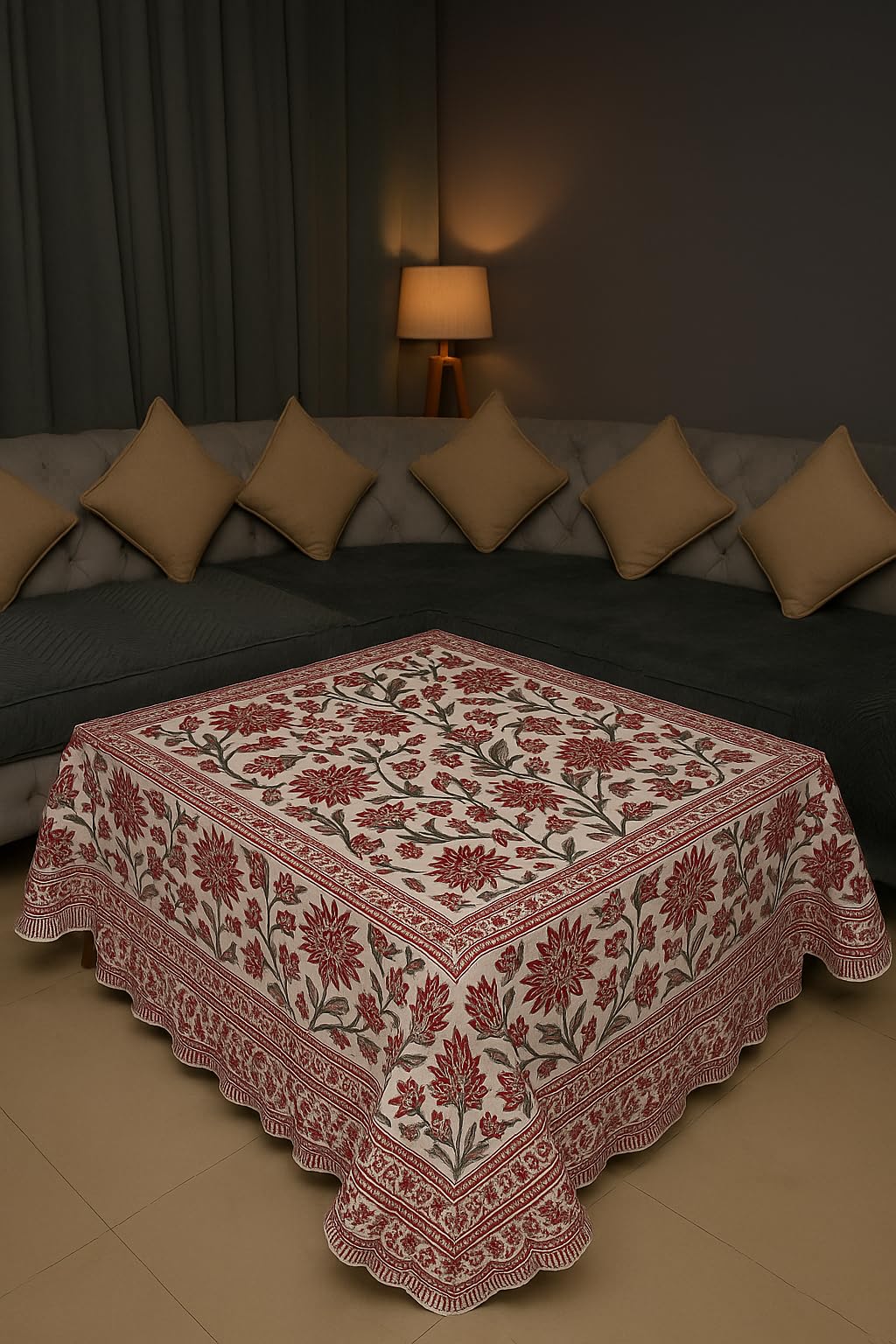 LOTUS MILLS 100% Organic Cotton Red Table Cloth, Indian Block Print Table Linen for Dining, Parties, Wedding, Outdoors Home Decor | 60x60 INCH Square | 4 Seater - Crimson Red and Sage Floral Vatika