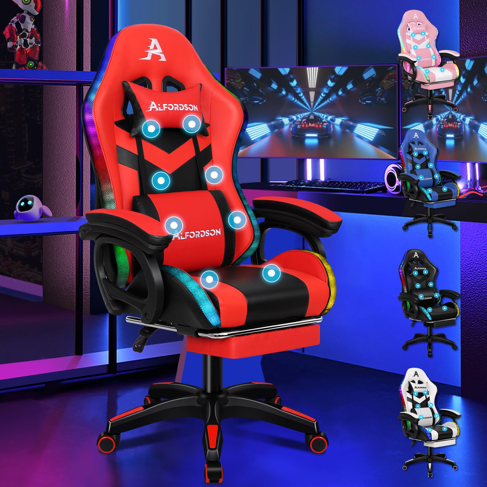 ALFORDSON LED Silla Gaming, Silla Gamer con Masaje de 8 Puntos, Silla de Ordenador Ergonómico con Iluminación RGB con Soporte Lumbar y Reposacabezas, Altura Ajustable, Rojo