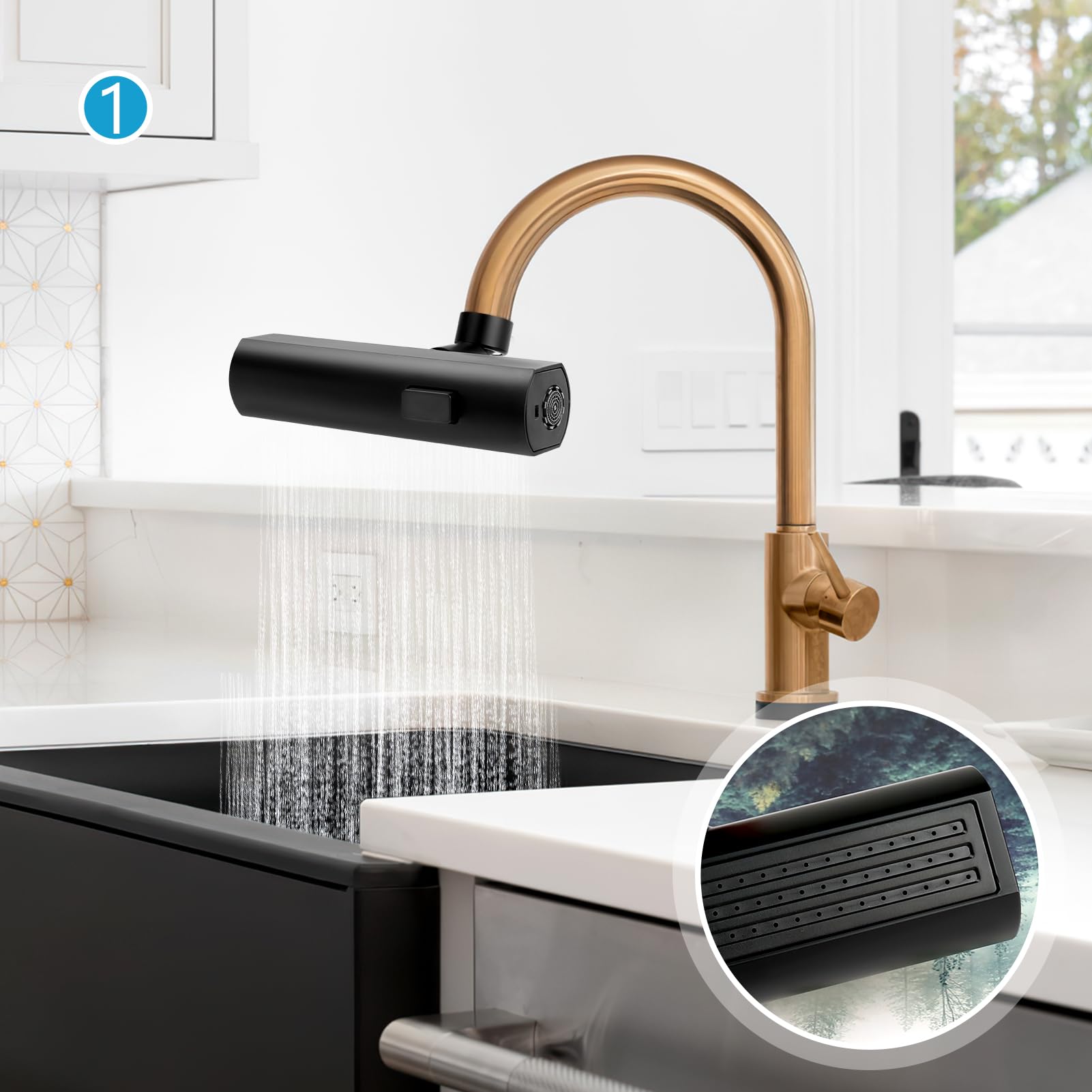 Deseegoal Ausziehbare Küchenarmatur Mit 3 Funktionen – Wasserfall-Design, 360° Drehbar, Schwarz, Für 1/3-Loch