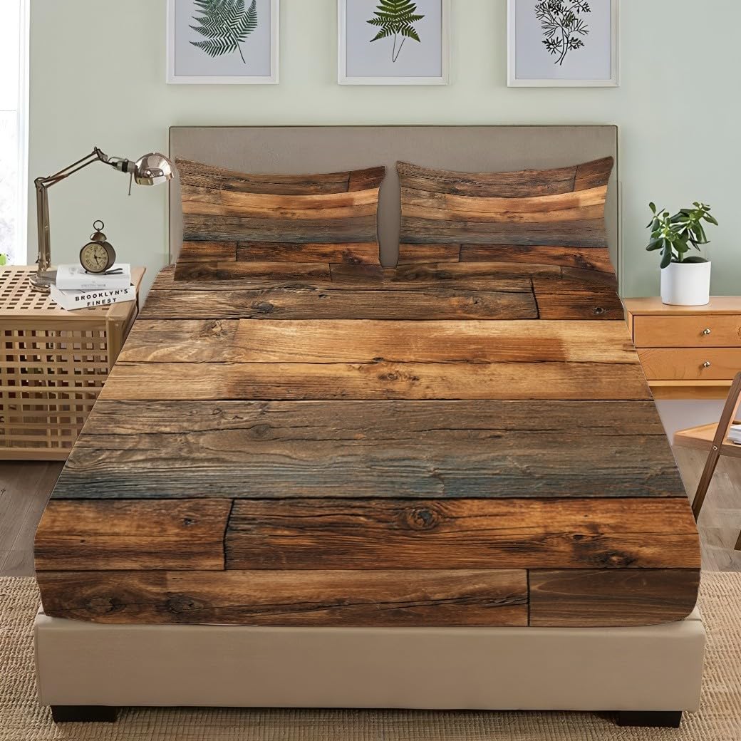 Sábana Bajera Ajustable 160x200x30 cm para Colchón Grano de Madera Retro Microfibra Suave y Transpirable, Funda de Colchón MarróN Elástico en el Borde, Bolsillo Profundo 30 cm
