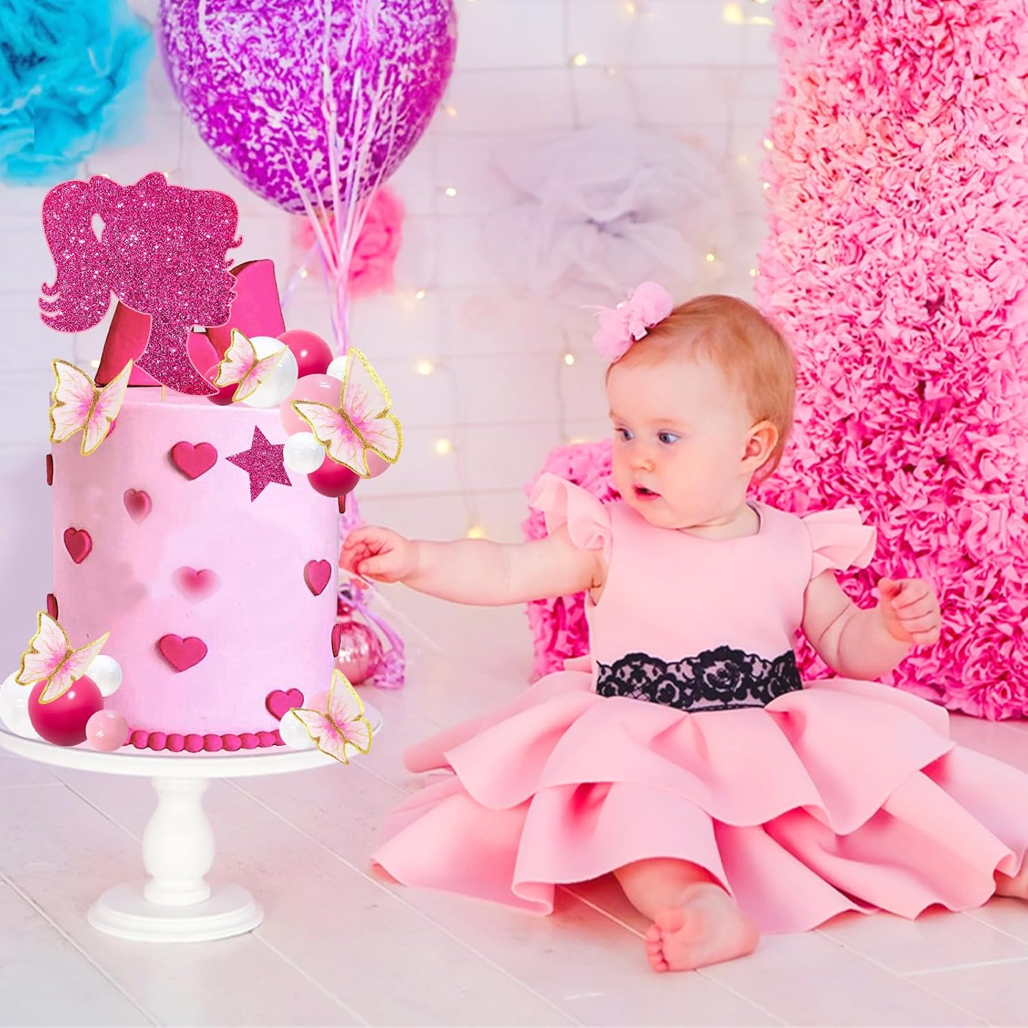 MEMOVAN Hot Pink Girl Cake Toppers 27pcs Pink Ball Butterfly Cake Decoration Princess Theme Cake Decoration for Boho Girls Princess Theme Wedding Baby Shower Birthday Party Supplies