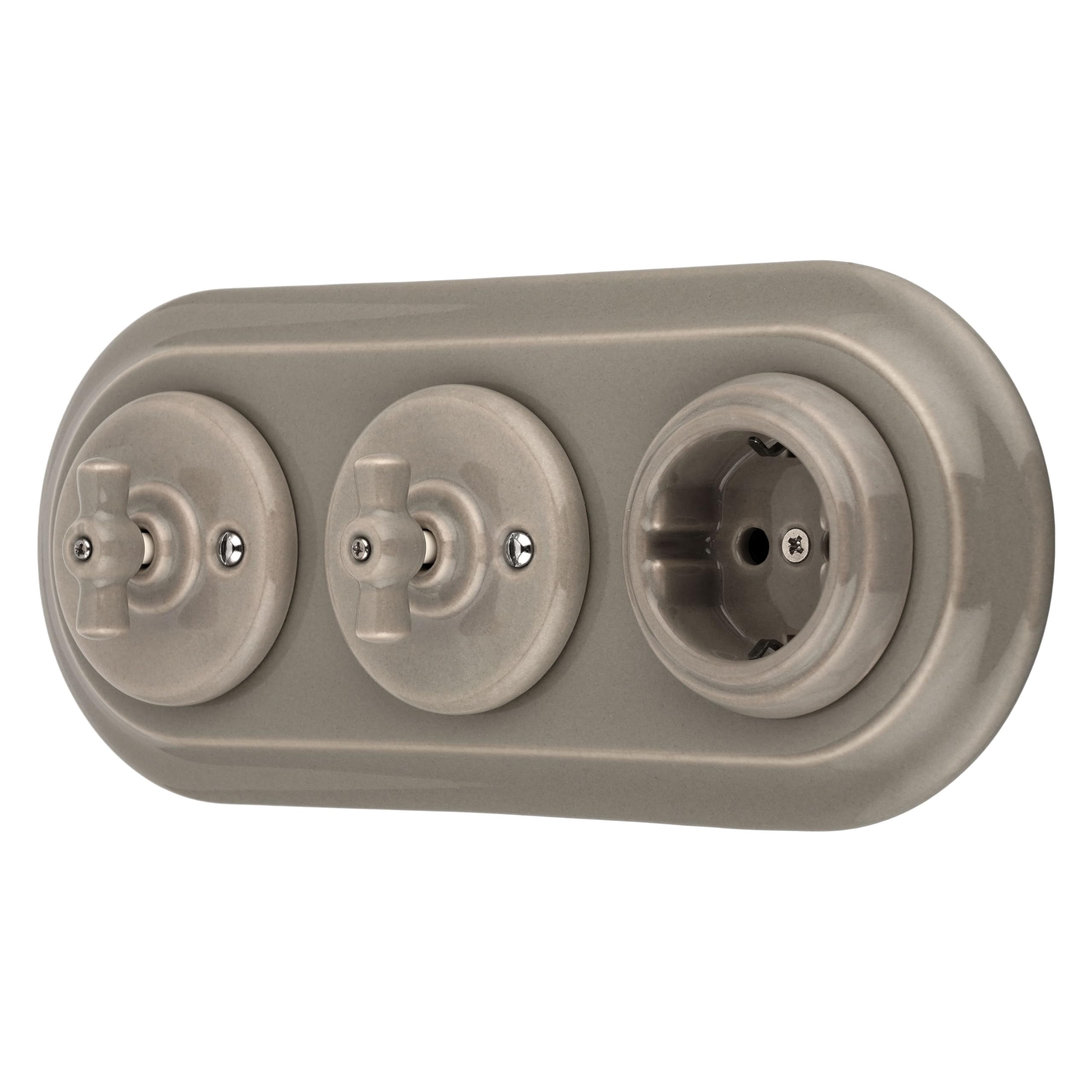 Unterputz Porzellan Retro Steckdose, Rotary Schalter, 3-fach, All-in-One, SET Serie PR1 graubeige