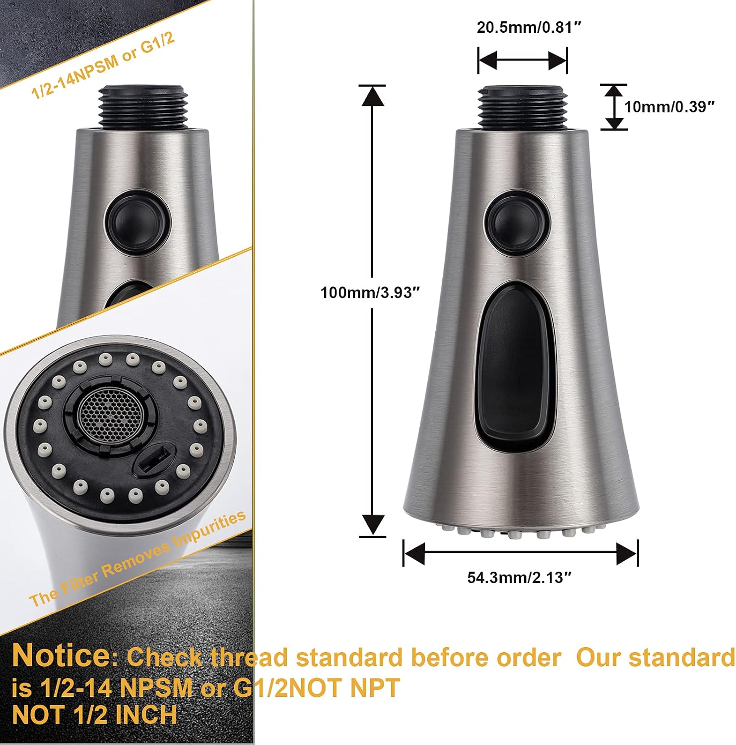 YACVCL Pull-Out Kitchen Faucet Nozzle-3 Function Pull-Down Kitchen Sink Sprayer Nozzle Head Faucet Nozzle Replacement Parts (Brushed Nickel)